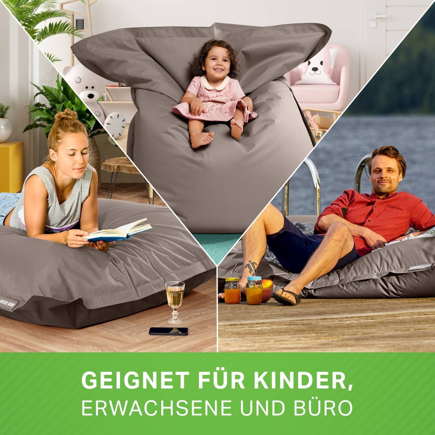 (XXL Bean Bodenkissen Green & Sitzsack 380 Perlen Erwachsene Draußen Kinder Khaki Riesensitzsack Lounge Groß Bag Outdoor 140x180cm Liter Liegekissen), Square Sitzkissen Bean Waschbar Wetterfest Füllung, EPS