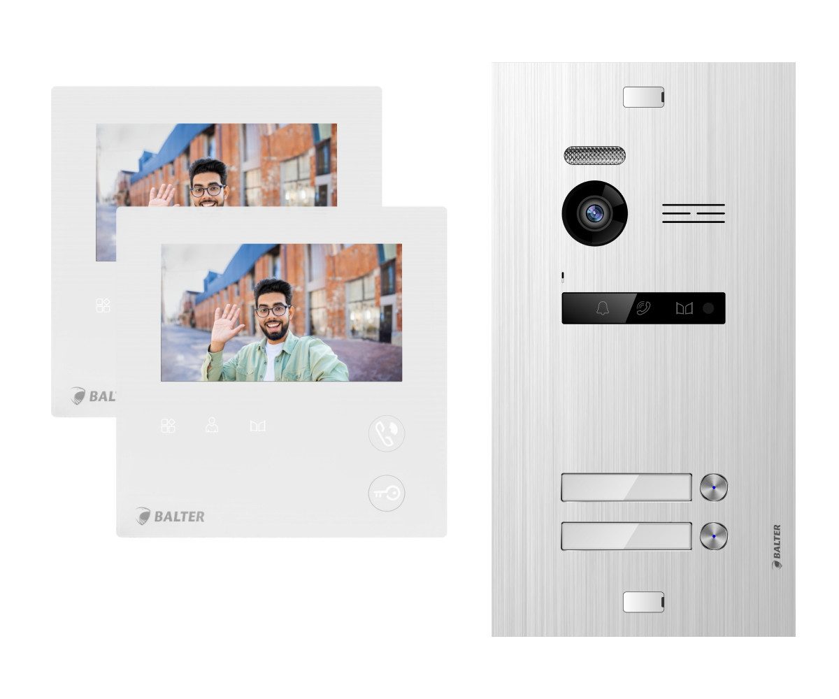 Balter Video-Türsprechanlage EVO MINI Komplettsystem für 2-Familienhaus Silber 2x 4.3" Monitore (Set, 2-Familienhaus, Komplettsett, 2-Draht BUS, 150° Weitwinkel-Kamera)