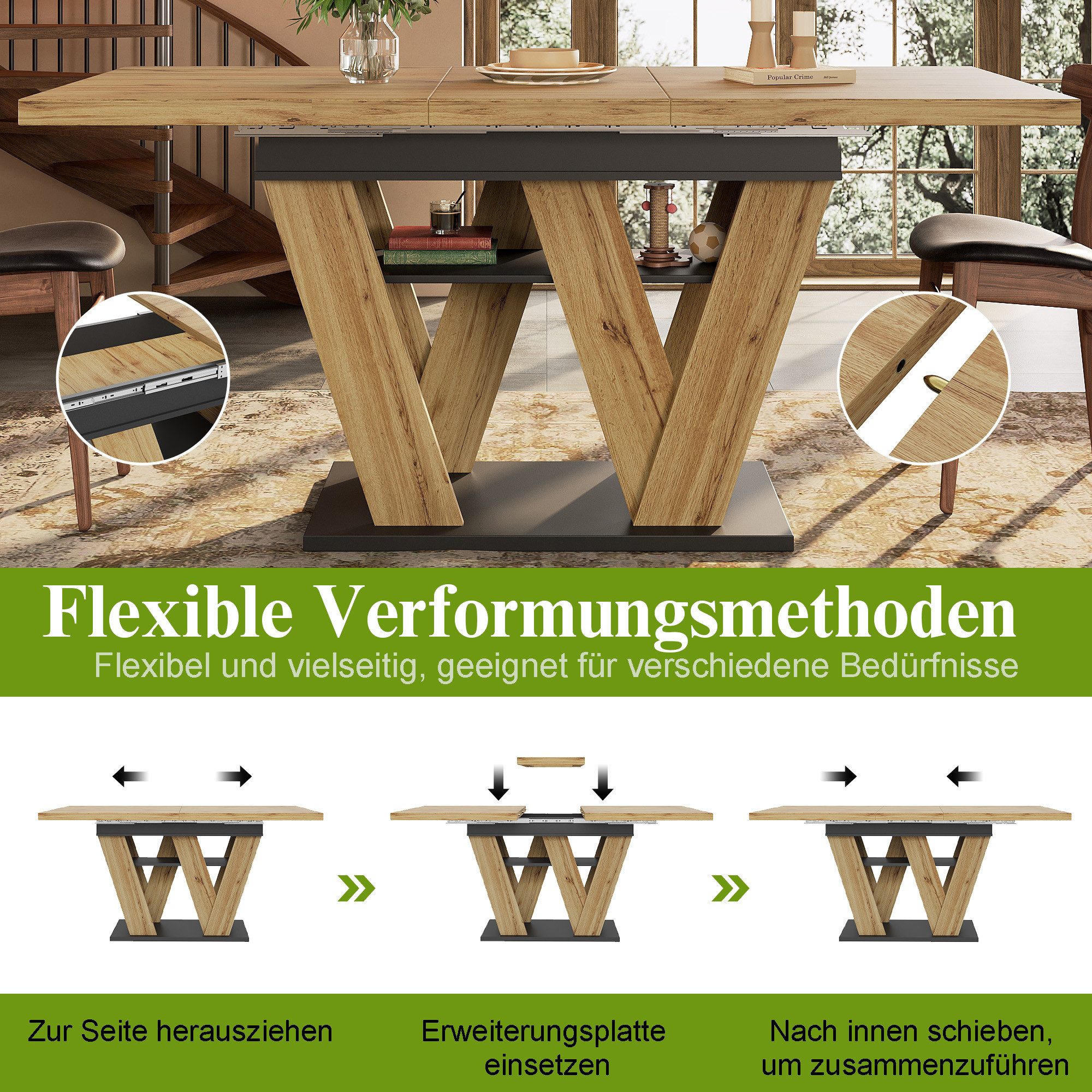 i@home Esstisch Teleskoptisch 119-158,5×80cm (Ausziehtisch mit W-förmigen Beinen und integriertem Stauraum), ideal für Küche, Wohnzimmer & Haustiere – Bild 5 von 5