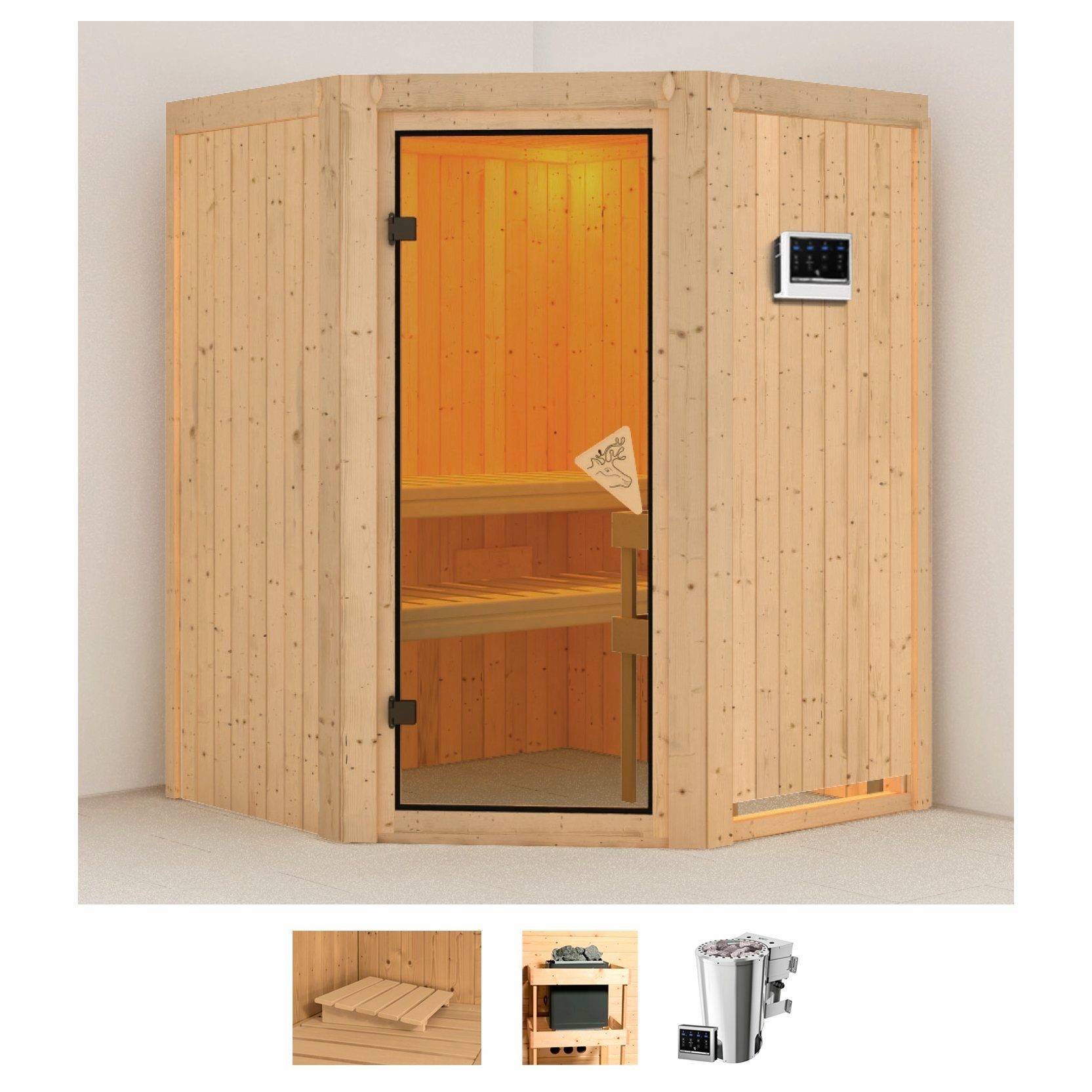 Karibu Sauna Nanna, BxTxH: 151 x 151 x 198 cm, 68 mm, (Set) Ofen 3,6 kW Bio-Ofen externe Strg. easy