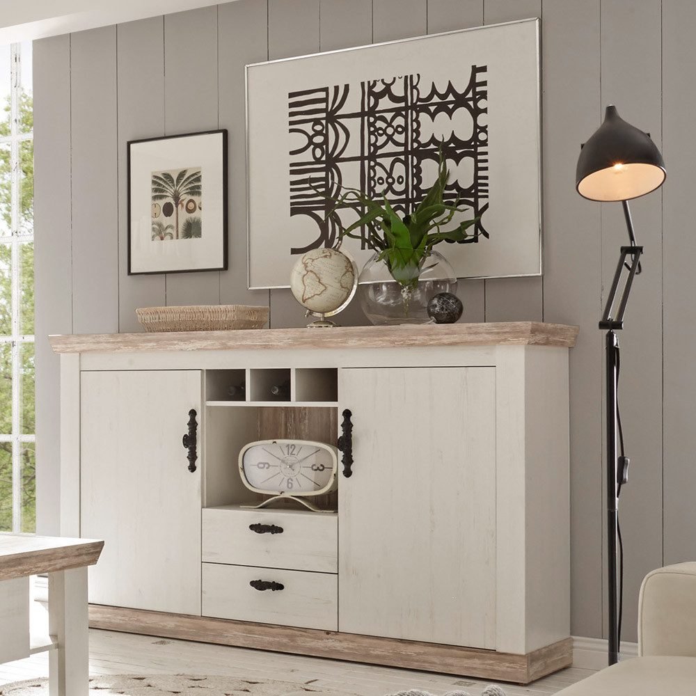 Lomadox Sideboard FERNA-61, weiß Nb. und Oslo Pinie dunkel Nb. mit Flaschenregal 168x104x44cm