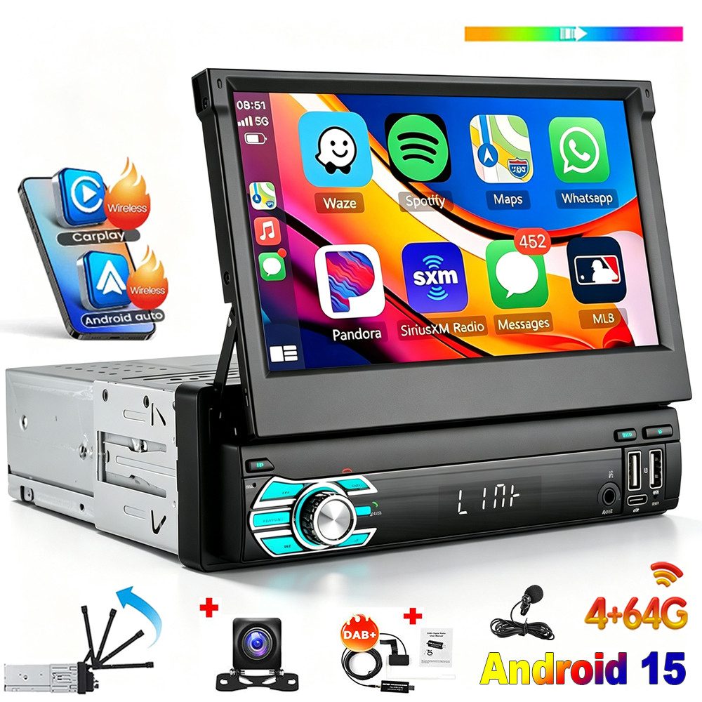 ESSGOO DAB+ 4+64G 1 DIN 7 Zoll Flip Out Android 15 Carplay Autoradio GPS WIFI Autoradio (Apple Carplay Android Auto GPS Navi WIFI BT EQ)