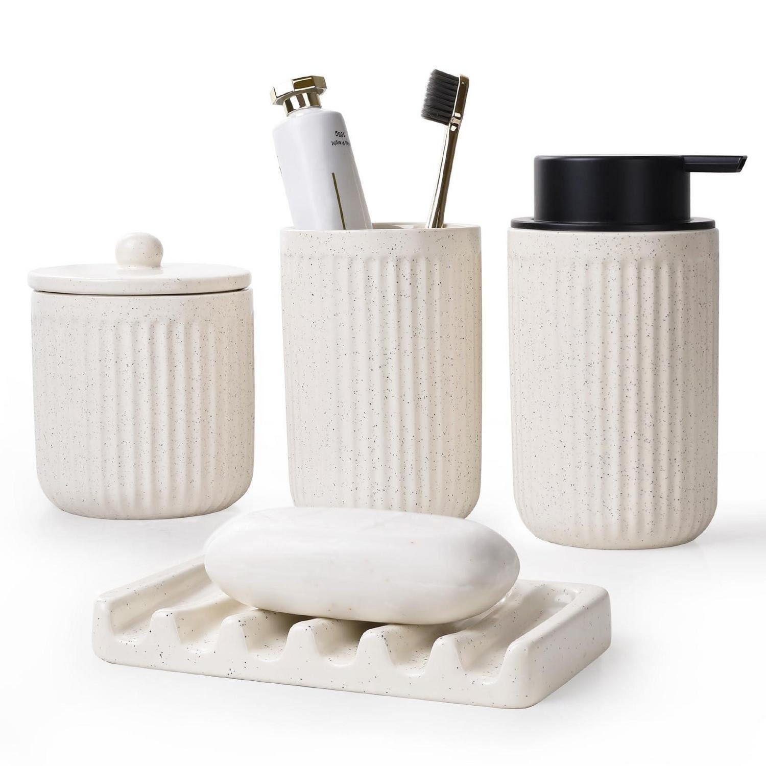 LuxusKollektion Badaccessoire-Set Badezimmer Set Beige 4-teilig Keramik
