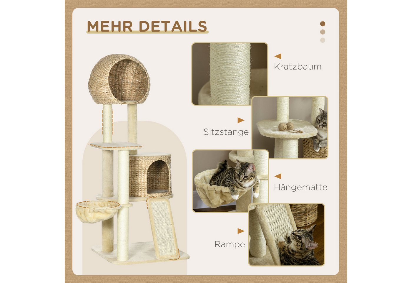 Thumbnail - MC Star Kratzbaum Mit Katzenhaus aus Rattan, mehrere Plattformen, Hängematte & Rampe, Kippschutz, Plüsch, Beige, 60 x 60...