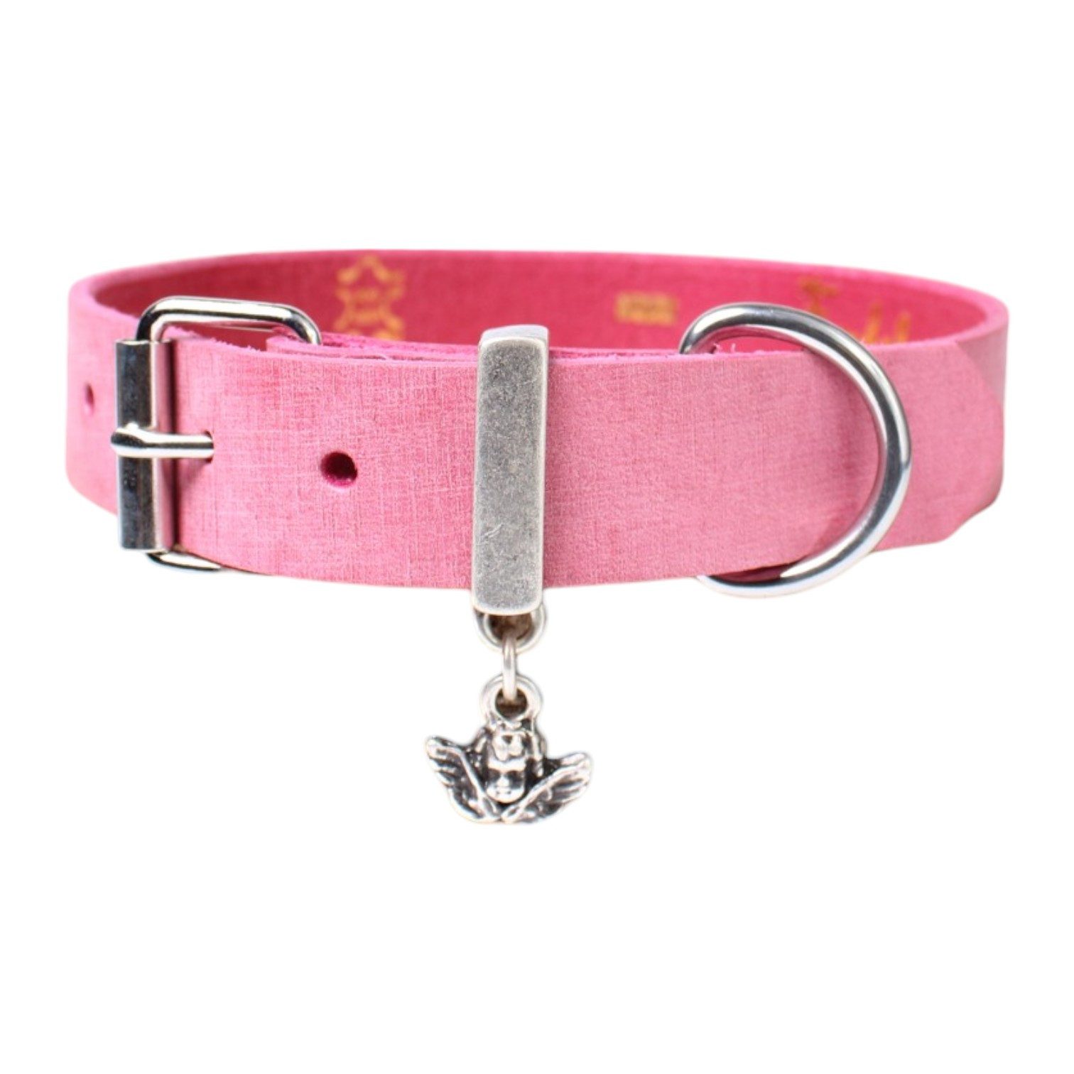 FRONHOFER Hunde-Halsband 19282, Ökoleder, Vollrindleder, Edelstahl-Schnalle, Engel Anhänger