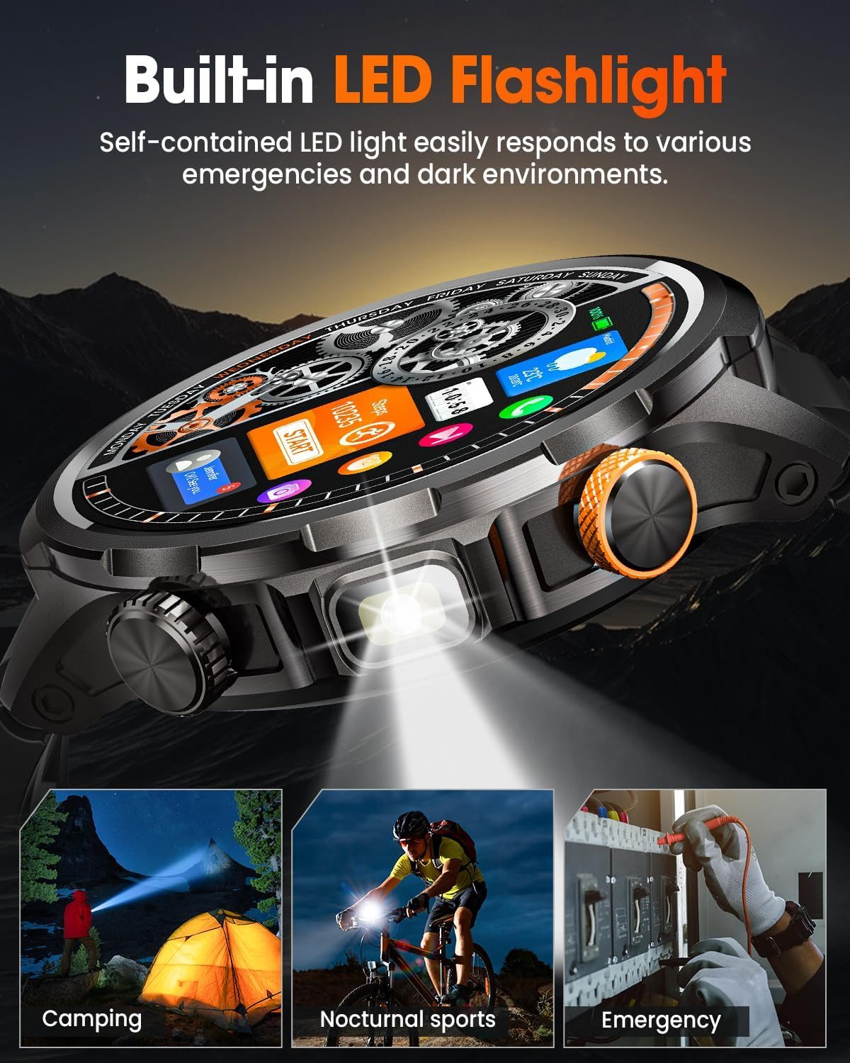 Zevelora Herren Militär, 1000mAH Akku Telefonfunktion, 5 ATM Wasserdicht Smartwatch (1,91 Zoll, Android/iOS), mit LED Taschenlampe 110+ Sportmodi/SpO2/Herzfrequenz/Schlafmonitor