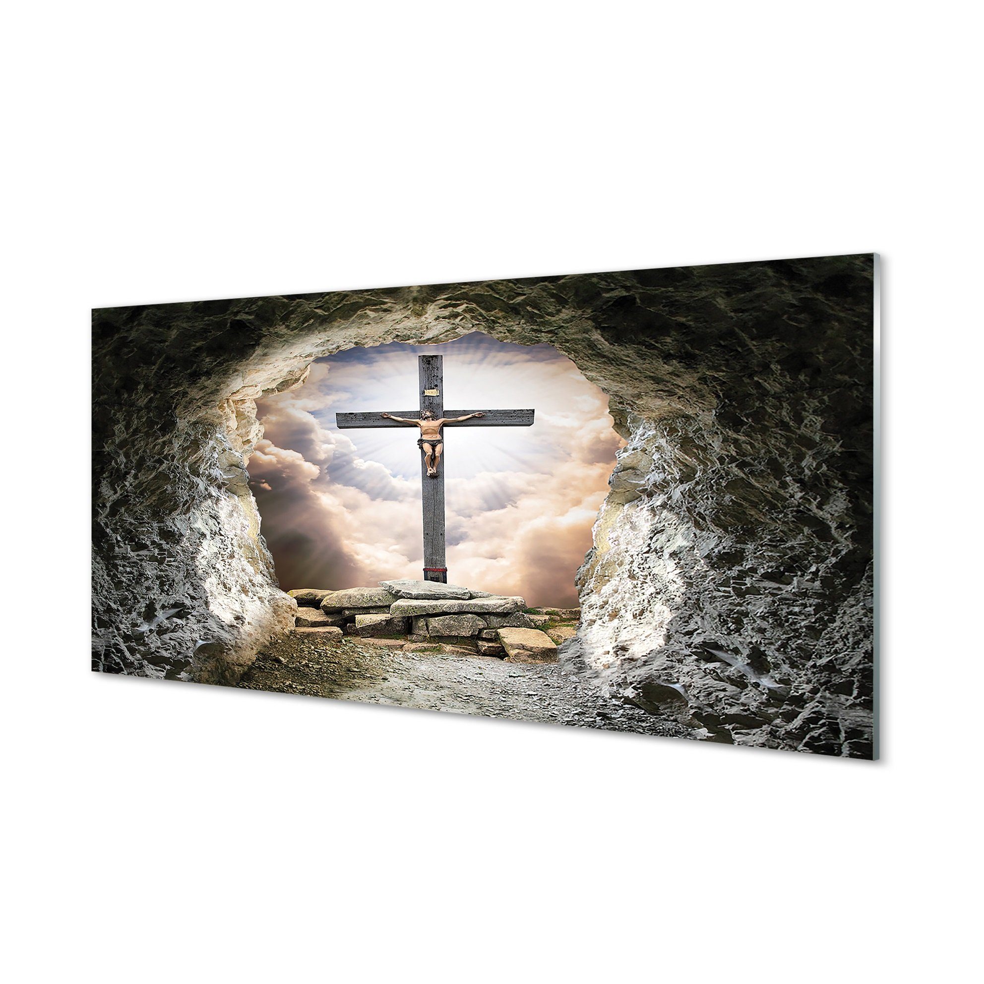 Tulup Glasbild Glasbilder Wanddekoration Bilder Fotobilder Bild XXL 120 cm x 60 cm, Warnung Kreuzlicht Jesus, Bild auf gehärtetem Glas