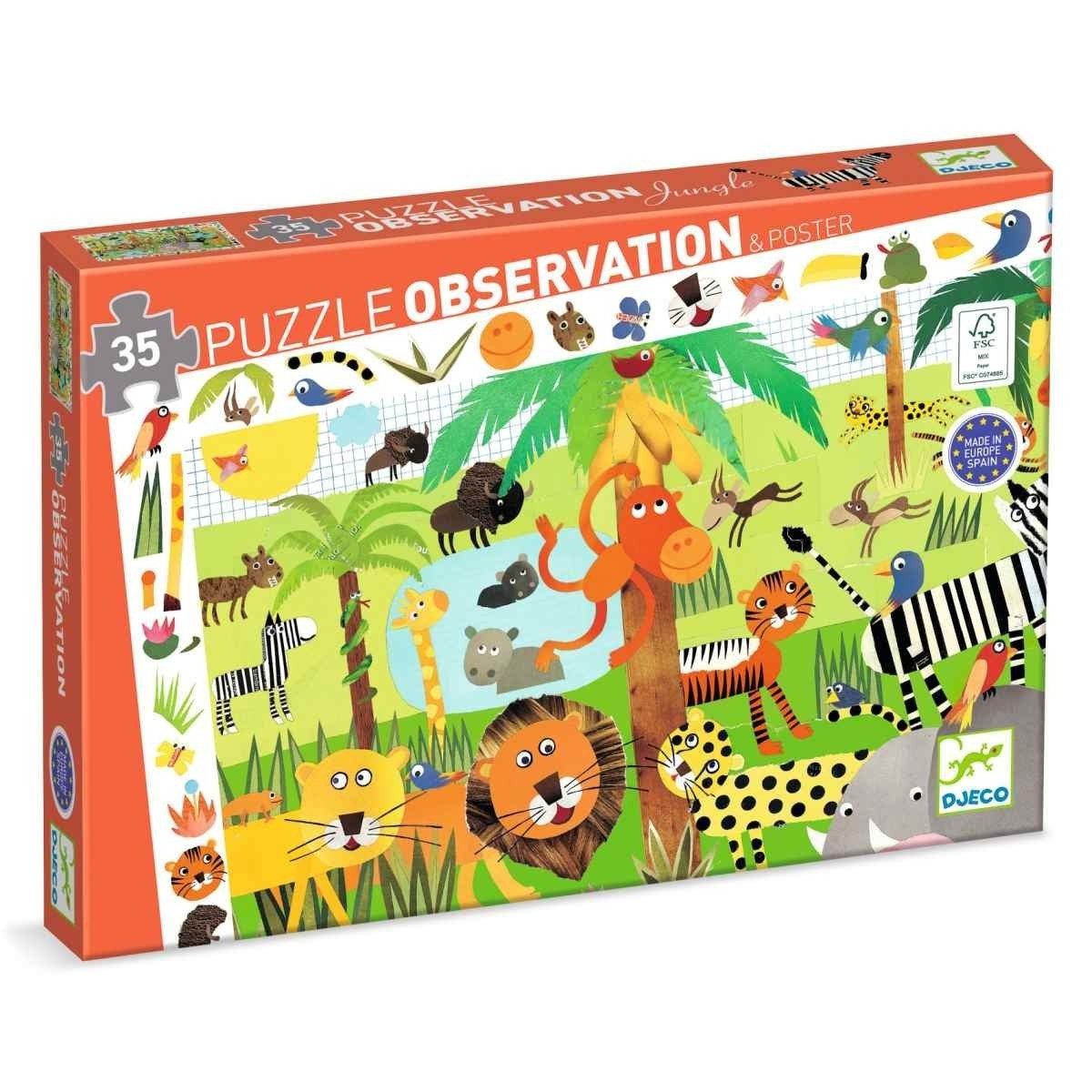 DJECO Puzzle Wimmelbild Dschungel 35 Teile ab 3 Kinderpuzzle für Kinder, 35 Puzzleteile, Kinderpuzzle