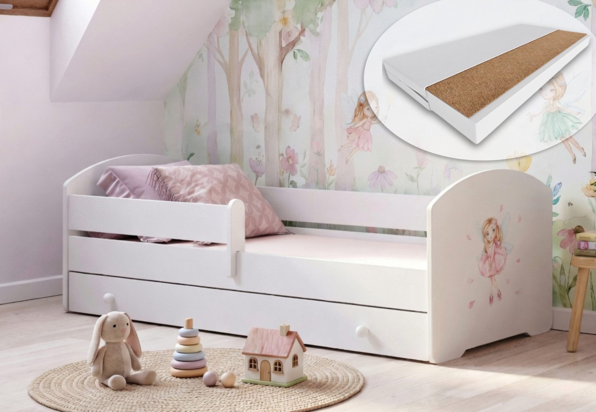 Kids Collective Kinderbett 70x140 / 80x160 cm Komplettset mit Matratze & Schublade (Bett für Jungen und Mädchen, Einzelbett für Kinder von 2 - 10 Jahren), komplettes Set mit Prinzessin Motiv für Jungen und Mädchen 80x160 cm