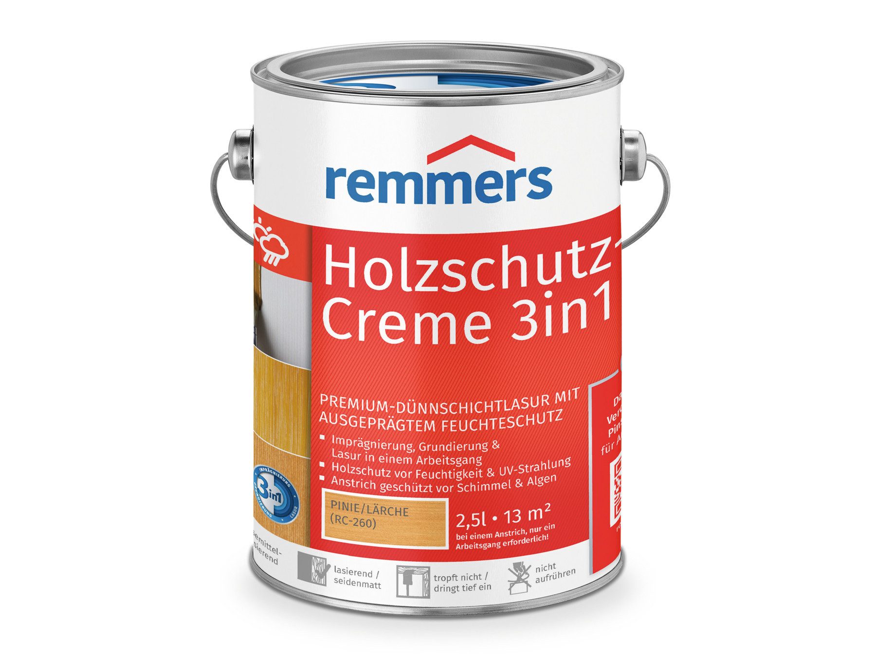 Remmers Holzschutzlasur Holzschutz-Creme 3in1 2,5 Liter, 3facher Holzschutz mit Imprägnierung + Grundierung + Lasur