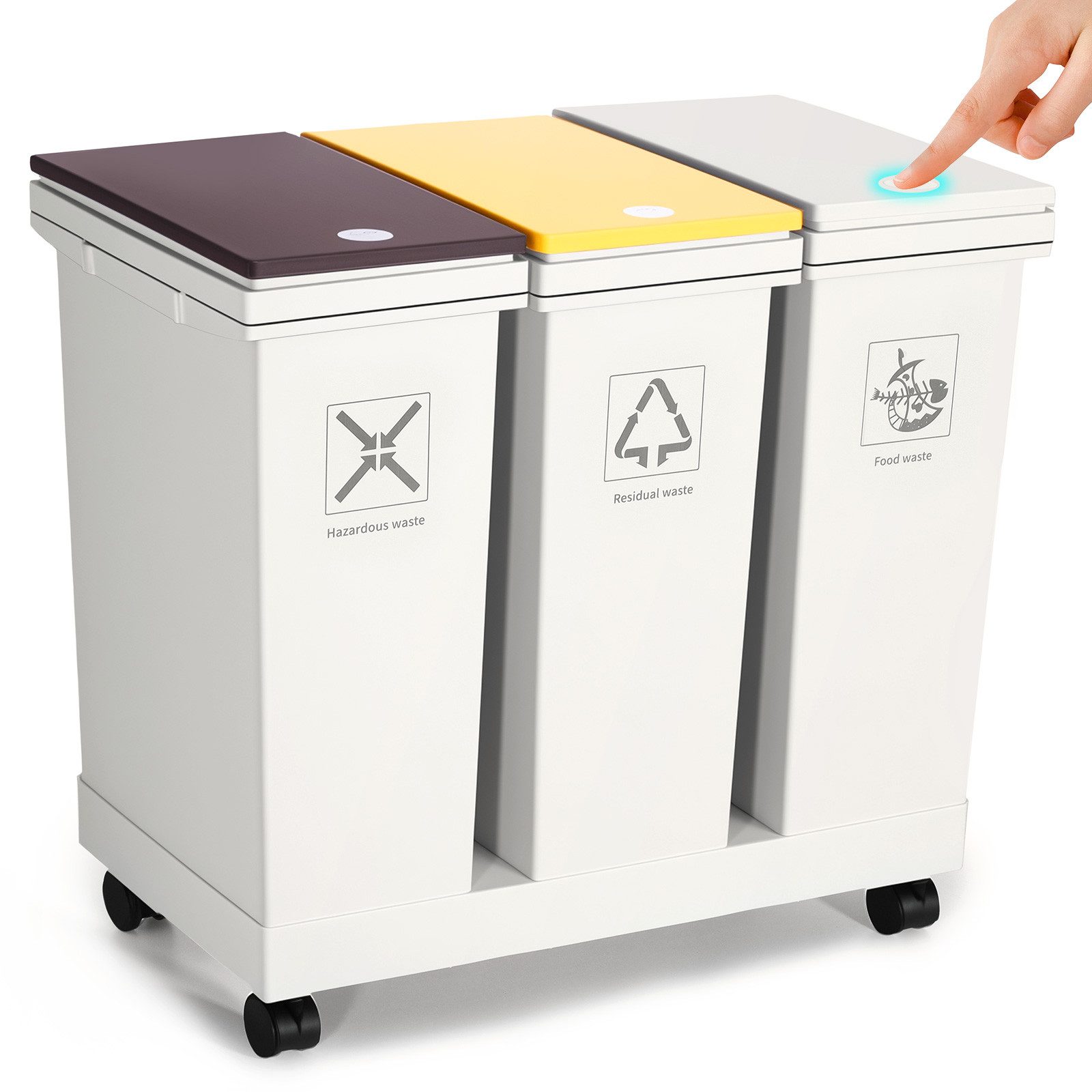 BlingBin Mülleimer 2-teiliges Küchenabfalltrennsystem, 2 x Mülleimer mit Deckel, mit Rollenbasis, Druckschalter, geruchsdicht, aus PP-Kunststoff