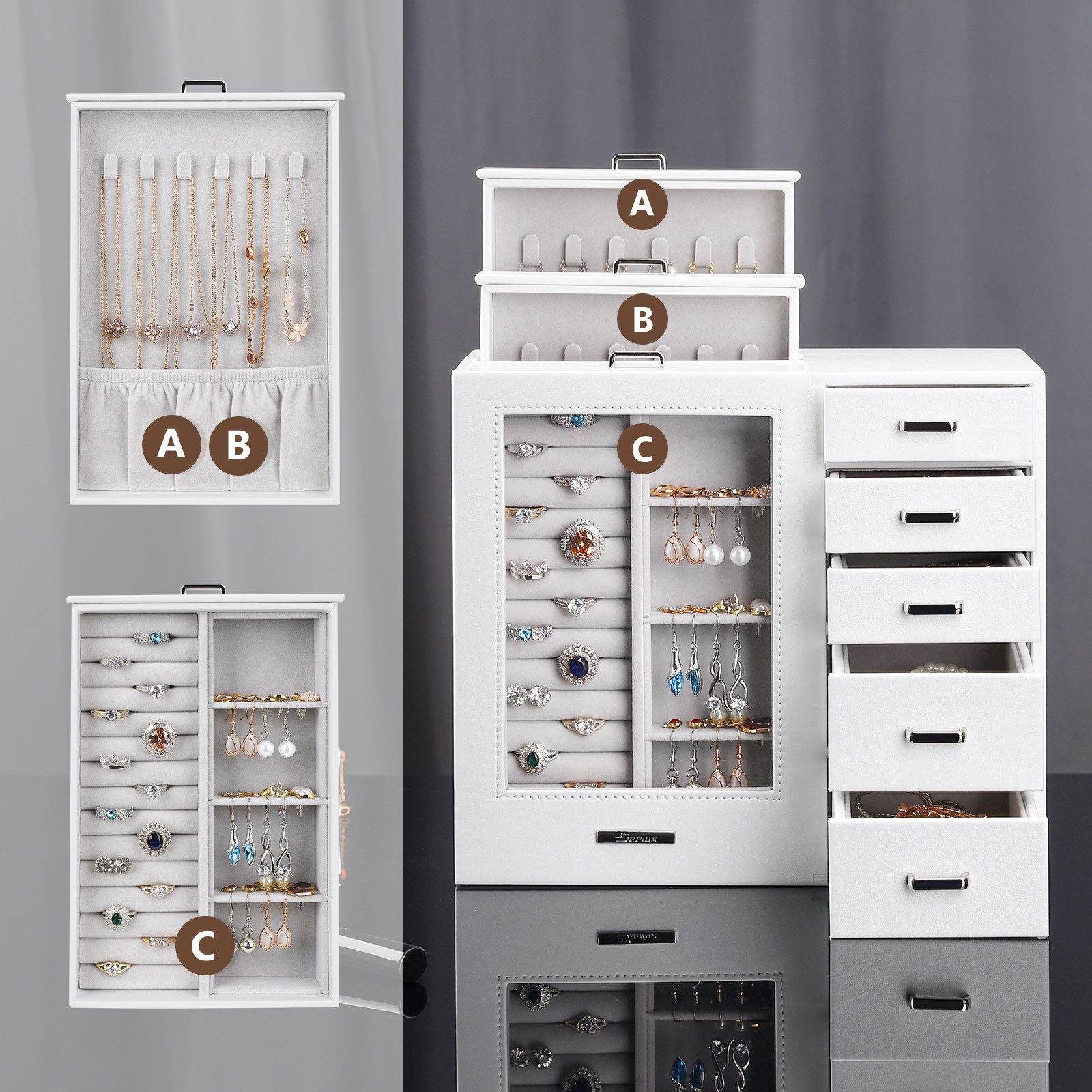 Yorbay Schmuckkasten Groß mit 8 Schubladen, Schmuckkoffer mit Glasfenster für Damen, Schmuckschatulle für Halsketten, Ringe, Armbänder, Ohrringe – Bild 3 von 5