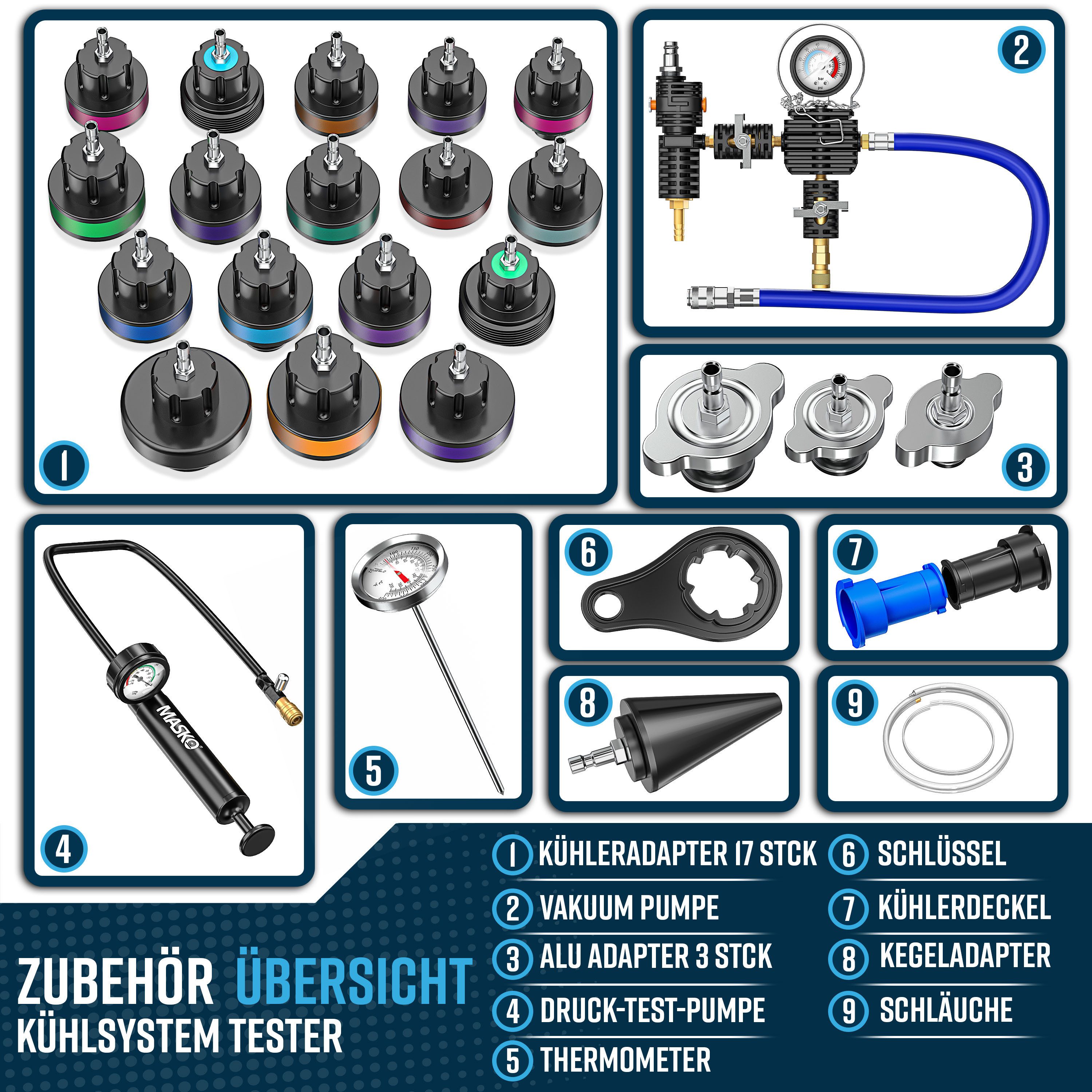 MASKO Multitool Kühlsystem Tester & Abdrückgerät - universeller Kühler Prüfgerät, (28-teiliges Kühlsystem-Nachfüll-Set inkl. Kühleradapter, Vakuumpumpe), Kühlerdruckprüfer - Kühler Entlüftungsgerät für Auto, Van, SUV, LKW