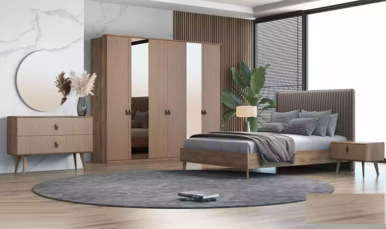 Design (3-St., Braun + Italy Schlafzimmer-Set Made Möbel in Nachttische Neu, 3tlg. 2x Schlafzimmer 1x Bett Bett Holz 2x Nachttische), JVmoebel