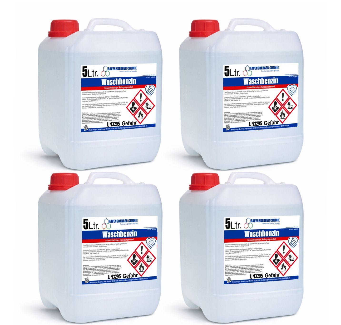 Ravensberger Chemie Waschbenzin 5L Reinigungsalkohol (4x 5 Liter Kanister von Ravensberger Chemie - Waschbenzin 5L – Kraftvoller Reiniger für Fett, Öl & Klebereste)