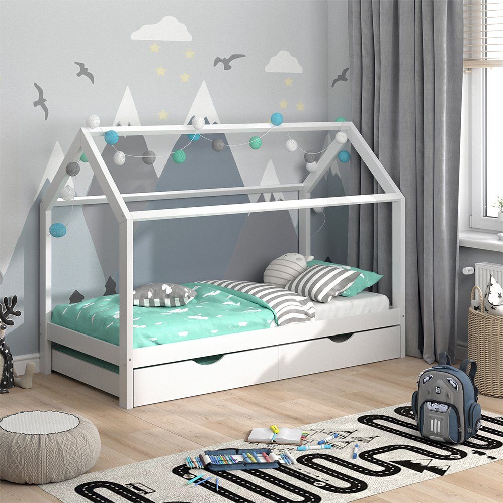 VitaliSpa® Kinderbett »Hausbett Gästebett 90x200cm WIKI Weiß Schublade«