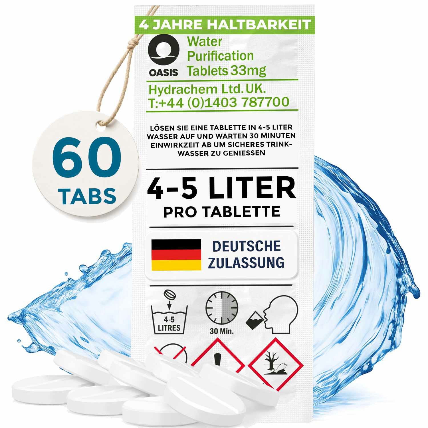 Wicked Chili Chlortabletten Wasserreinigungstabletten für Trinkwasser 60 Stück je 4-5L, Wasserreinigungstabletten für Trinkwasser je 4-5 Liter
