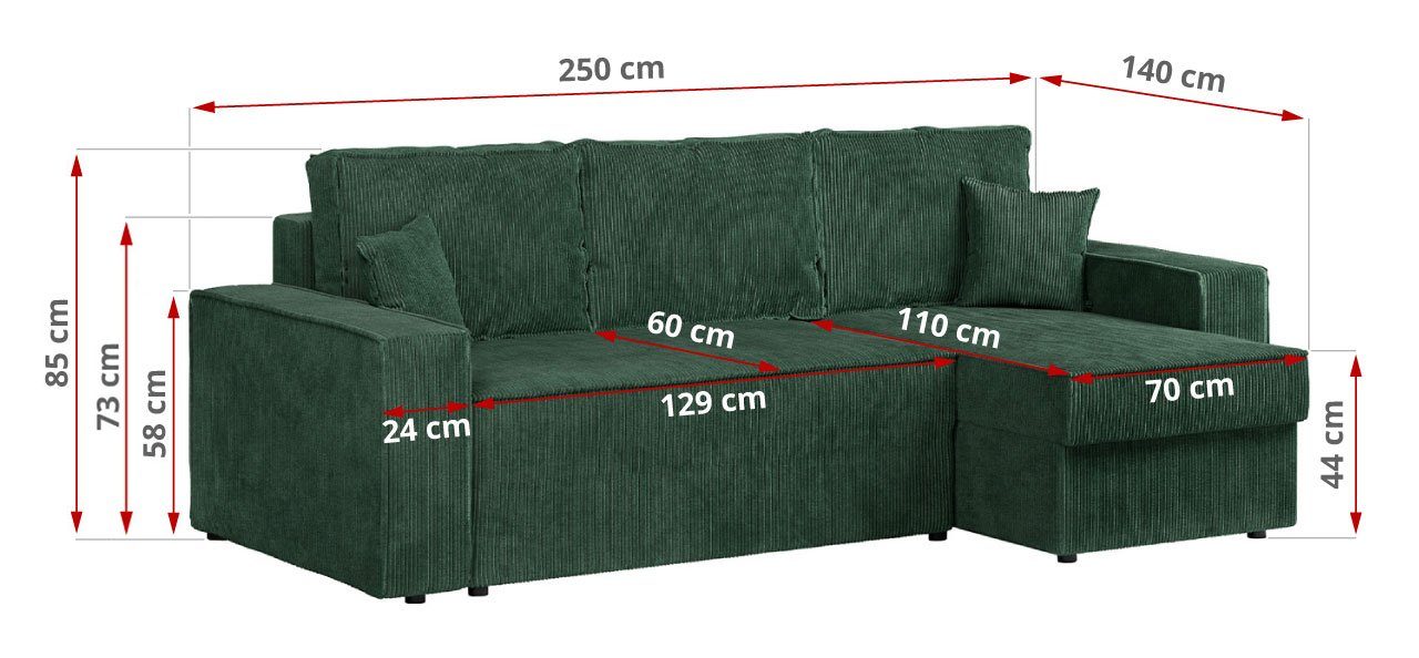 - Ecksofa Wohnzimmer DENVER, MKS Bettsofa Schlaffunktion, L MÖBEL L-Form, Couch mit