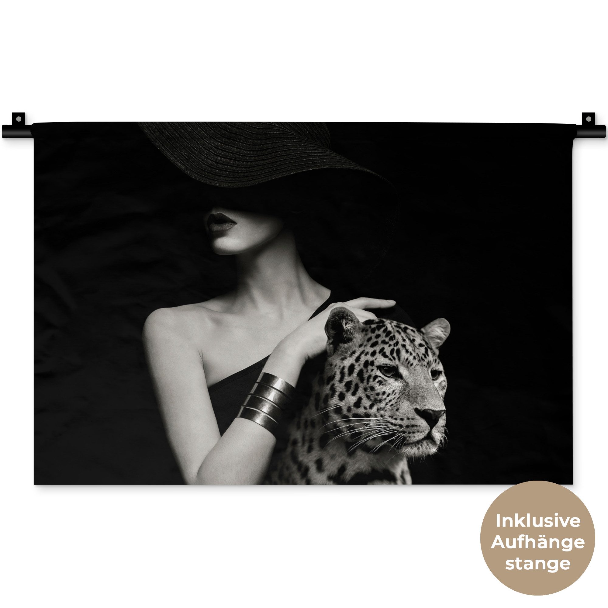 MuchoWow Wandteppich Frau - Leopard - Luxus - Schwarz - Weiß - Tier, Rechteckig, Höhe: 3 mm, Wandteppich für Wohnzimmer, Schlafzimmer, 60x40 cm