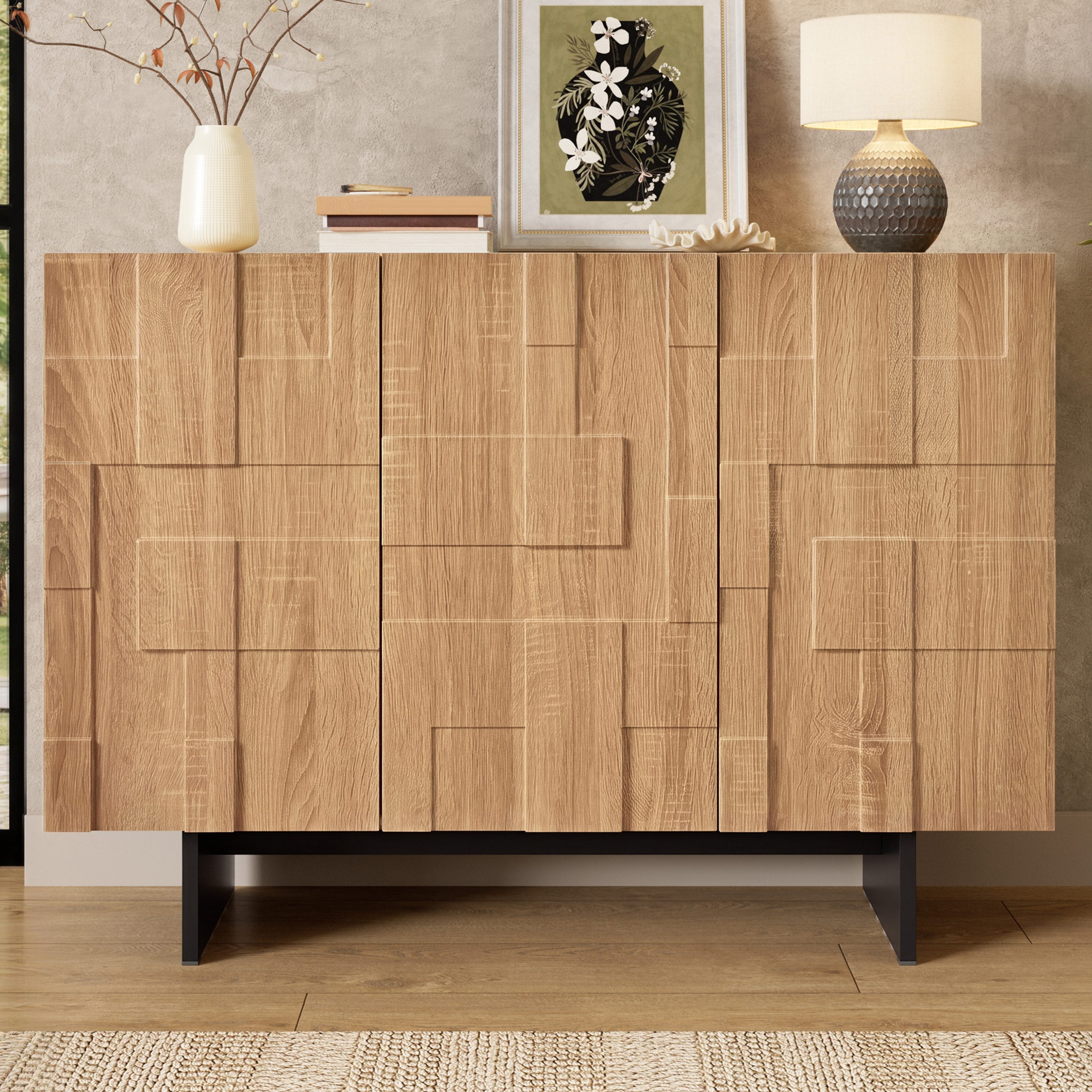 Flieks Sideboard mit geometrischer Strukturfront und verstellbaren Einlegeböden (1 St., 105x33,5x76 cm), französisches Mehrzweckschrank Wohnzimmerschrank Holzoptik Natur
