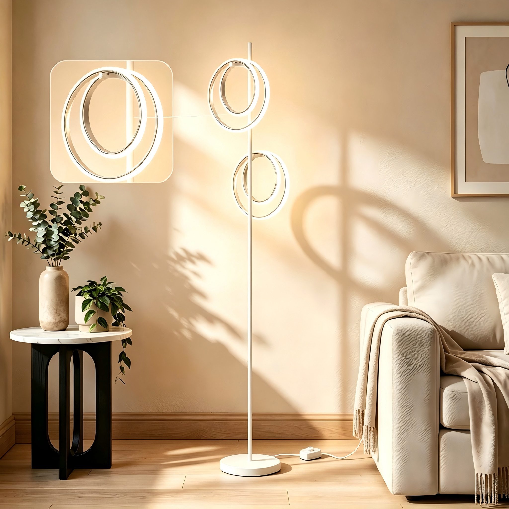 BlingBin Stehlampe LED Doppelring Standleuchte 21W, 4500K, LED Lampe 2500lm, LED fest integriert, Naturweiß, Wohnzimmerlampe mit Schalter für Schlafzimmer, Büro, Küche& Flur