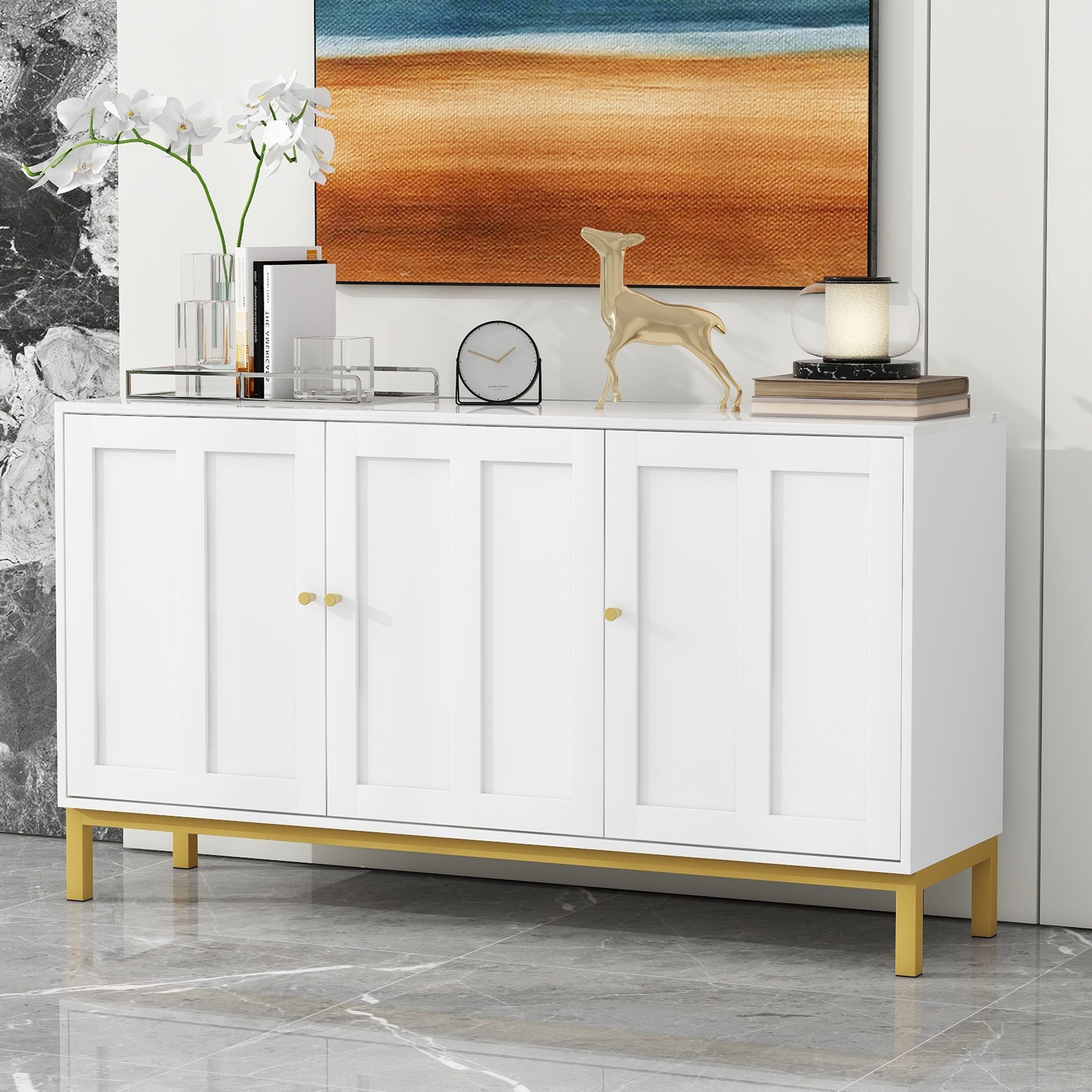 IDEASY Sideboard Elegantes 3-türiges Sideboard mit Marmorplatte Weiß