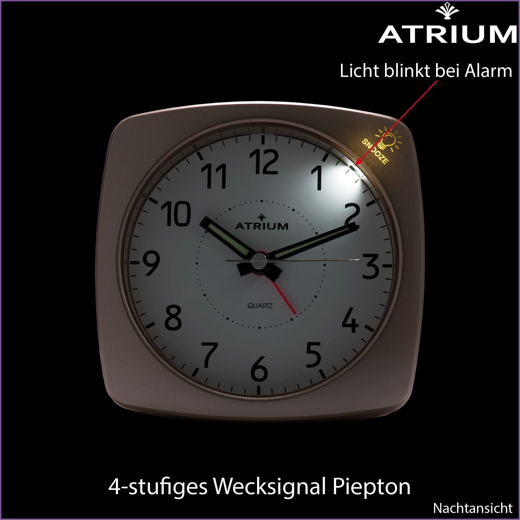 Atrium Quarzwecker A251 Analog Quarz ohne Ticken Licht Snooze Klassisch Modern – Bild 5 von 5