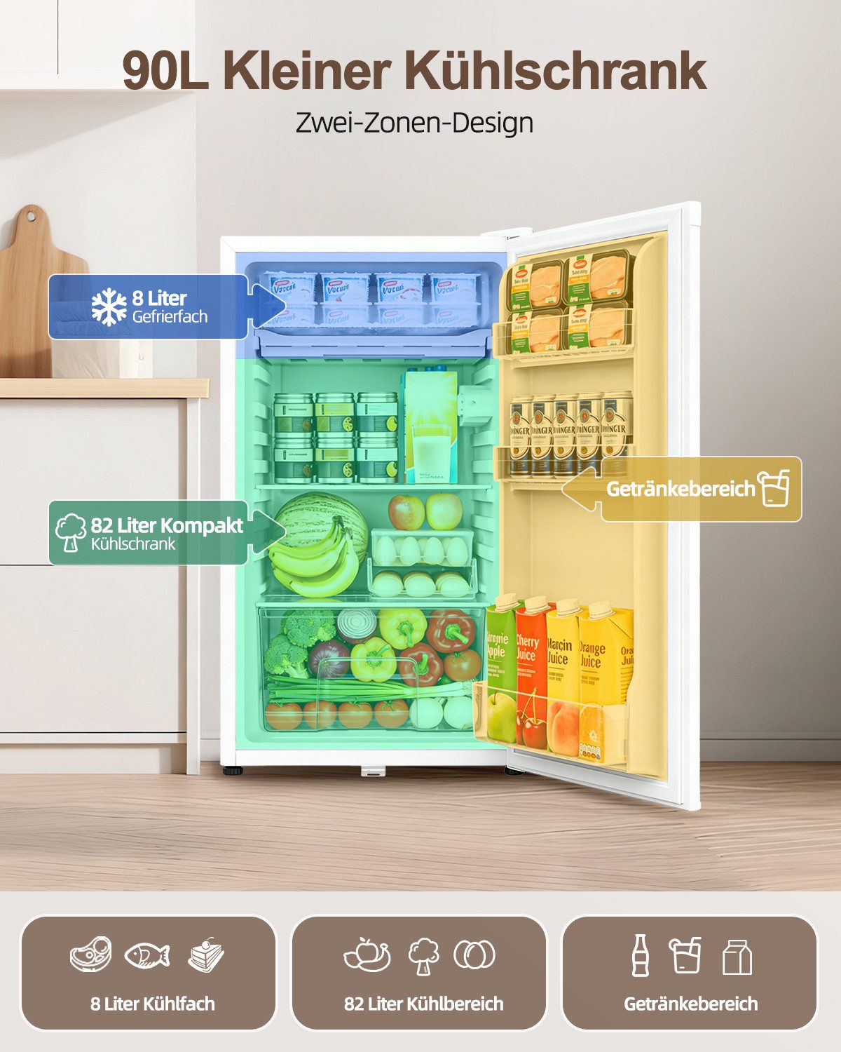 WELLENT Kühlschrank Mini-Kühlschrank mit Gefrierfach,leise 38dB,kompakter Getränkekühlschrank für Büro, Küche, Schlafzimmer & Hotel, mit Schloss, 3 Ablagen verstellbar,Türanschlag wechselbar