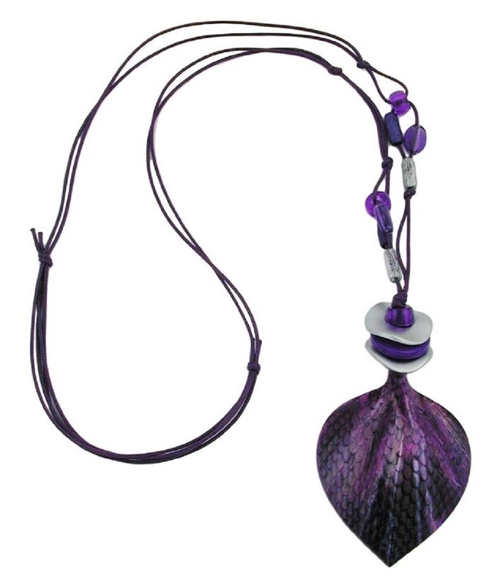 Collier Kette mit Kunststoff-Anhänger Schuppenblatt lila-marmoriert 95 cm