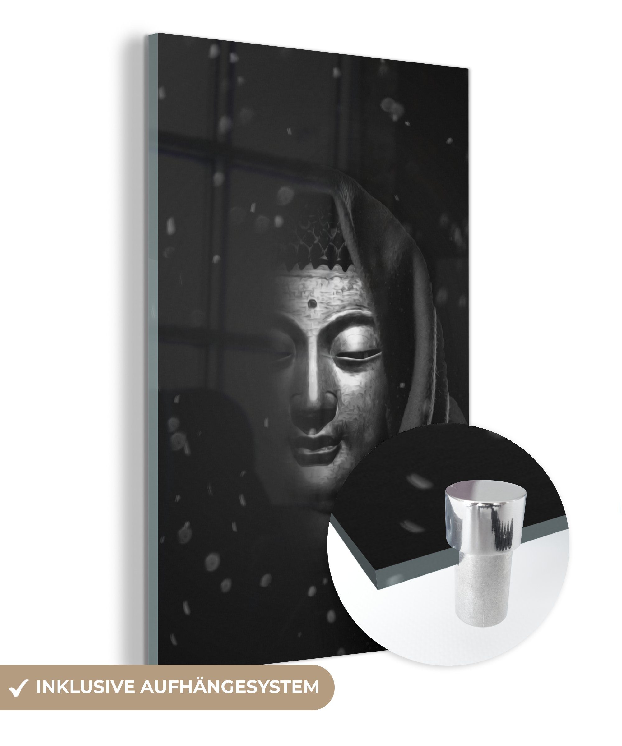 MuchoWow Acrylglasbild Halb-erleuchteter Buddha mit Kopftuch - schwarz und weiß, (1 St), Glasbilder - Bilder auf Glas Wandbild - Foto auf Glas - Wanddekoration bunt