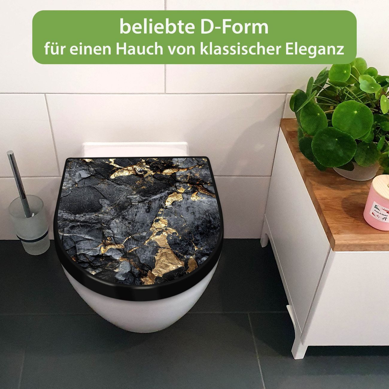 banjado WC-Sitz Premium D-Form mit Absenkautomatik Motiv Schwarzer Marmor mit Gold 1 (umweltfreundliches Material, Softclose Absenkautomatik), 45 x 36,4 x 4