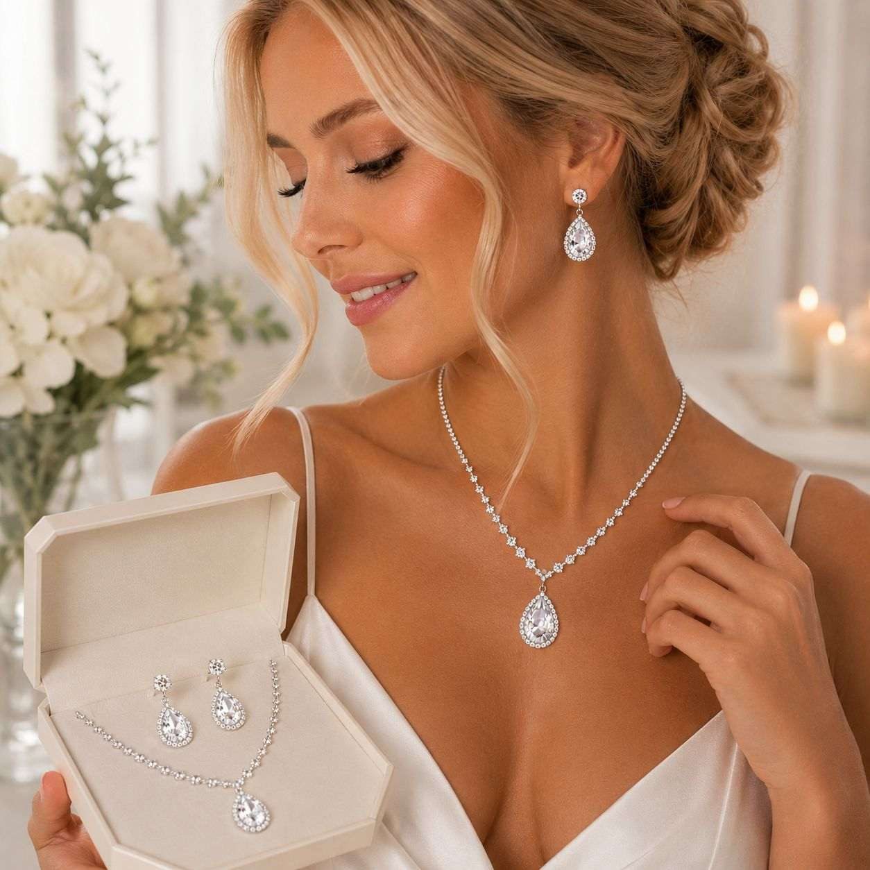Taffstyle Schmuckset Elegantes Schmuck Set Halskette & Ohrringe Tropfen Design mit Zirkonia (Funkelndes Set aus Kette und Ohrringen mit glitzernden Zirkonia-Ste – Bild 2 von 5