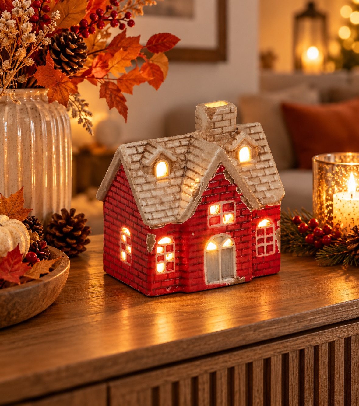 formano LED-Dekofigur Deko Haus m. LED-Licht & Timer Rot od. Orange