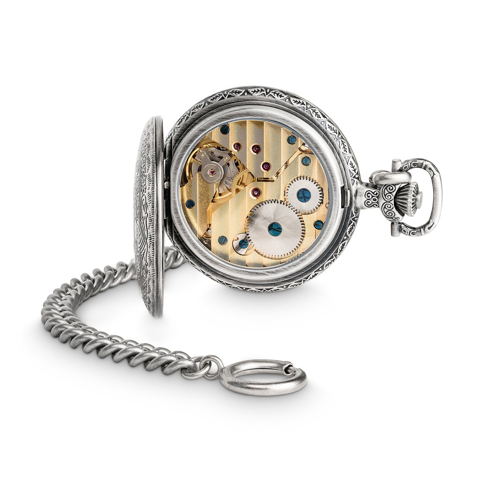 Hermann Jäckle Taschenuhr "Schöntal 2" Antiklook, Handaufzug, 50 mm, Mineralglas, mit Kette & Reiseetui – Made in Germany, klassische Herrenuhr