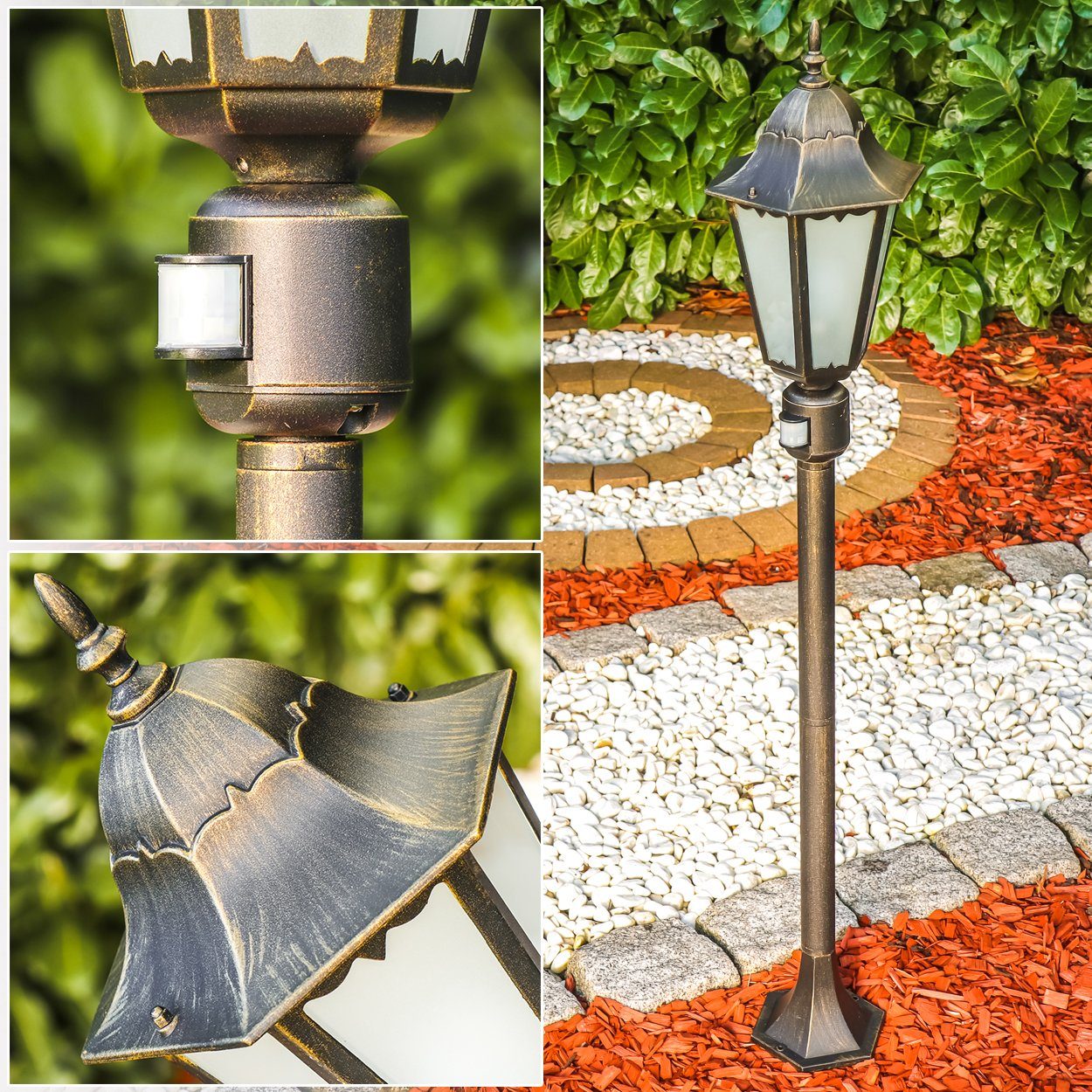 hofstein Außen-Stehlampe »Fabiano« Außenleuchte m. Bewegungsmelder, Aluguss in Schwarz/Gold, ohne Leuchtmittel, Aluguss in Schwarz/Gold Milchglas-Scheiben, E27, IP44