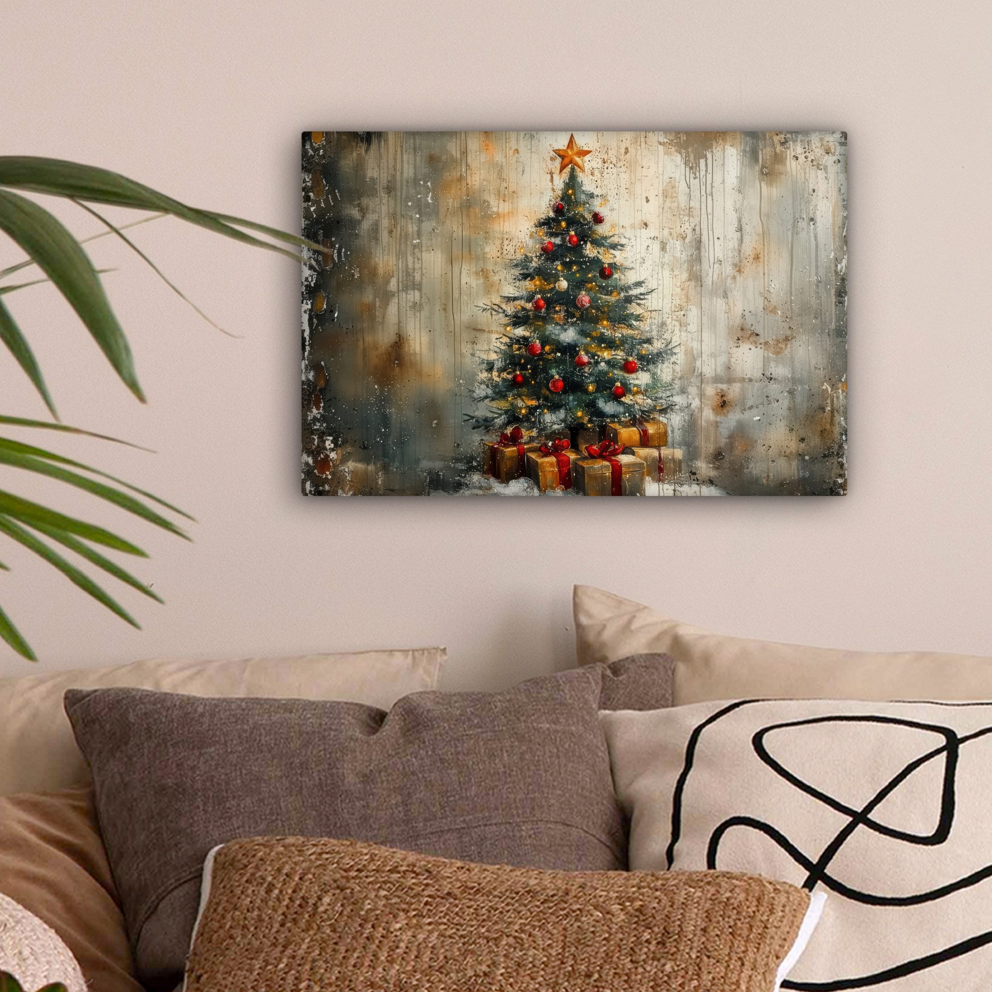 OneMillionCanvasses® Leinwandbild Weihnachtsbaum - Vintage - Weihnachten - Geschenk, Fotodruck (1 St), Leinwand Bilder Klein, Wand Dekoration Aesthetic 30x20 cm
