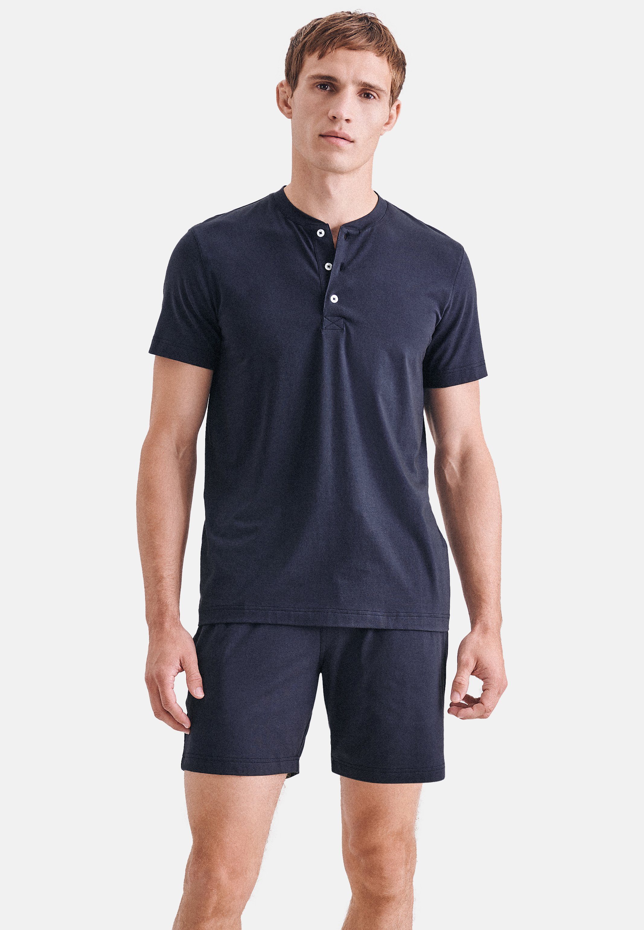 Henley-Design mit 2 kurzer - Schlafanzug Pyjama Shirt Navy (Set, kurz Knopfleiste seidensticker im Henley tlg)