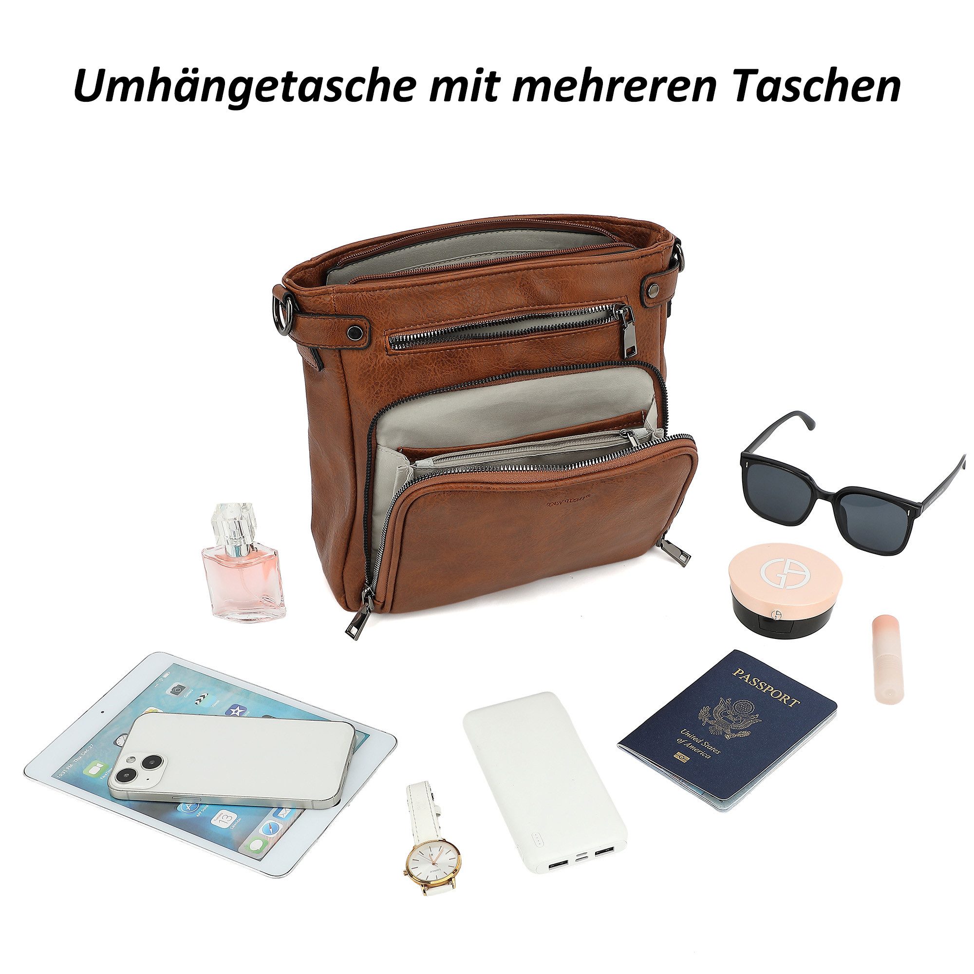 TAN.TOMI Schultertasche Handtasche damen mittelgroß Umhängetaschen crossbody bag, Retro leder PU damentaschen mit breitem gurt handtaschen – Bild 4 von 5