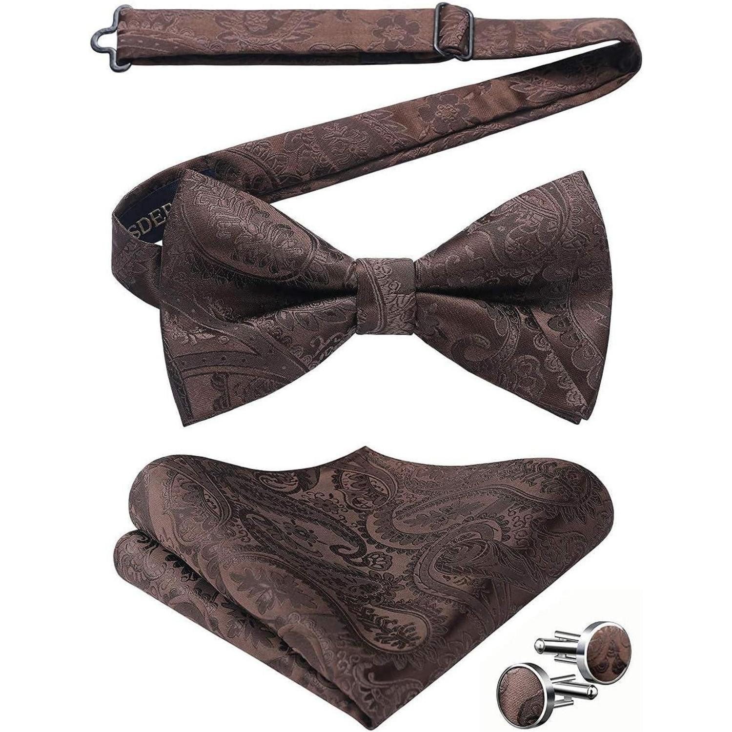 LuxusKollektion Fliege Fliege Herren Paisley Einstecktuch Manschettenknopf Set A1-Braun