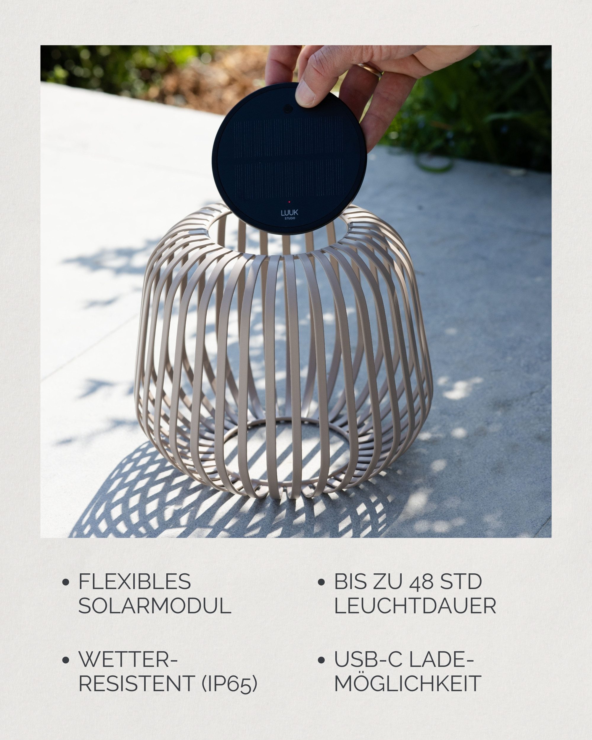 LUUK Studio LED Solarleuchte SOLIS, LED fest integriert, warmweißes Licht (2700 K), Tageslichtweiß, Kabellose LED Laterne mit herausnehmbaren Solarmodul