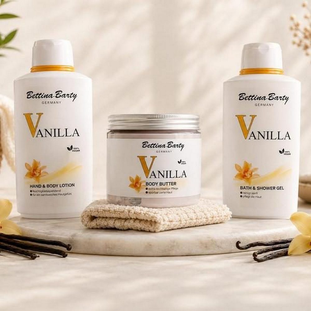 Bettina Barty Pflege-Geschenkset Vanilla Geschenkset–Duschgel, Bodylotion, Body Butter & Waschhandschuh Geschenkset