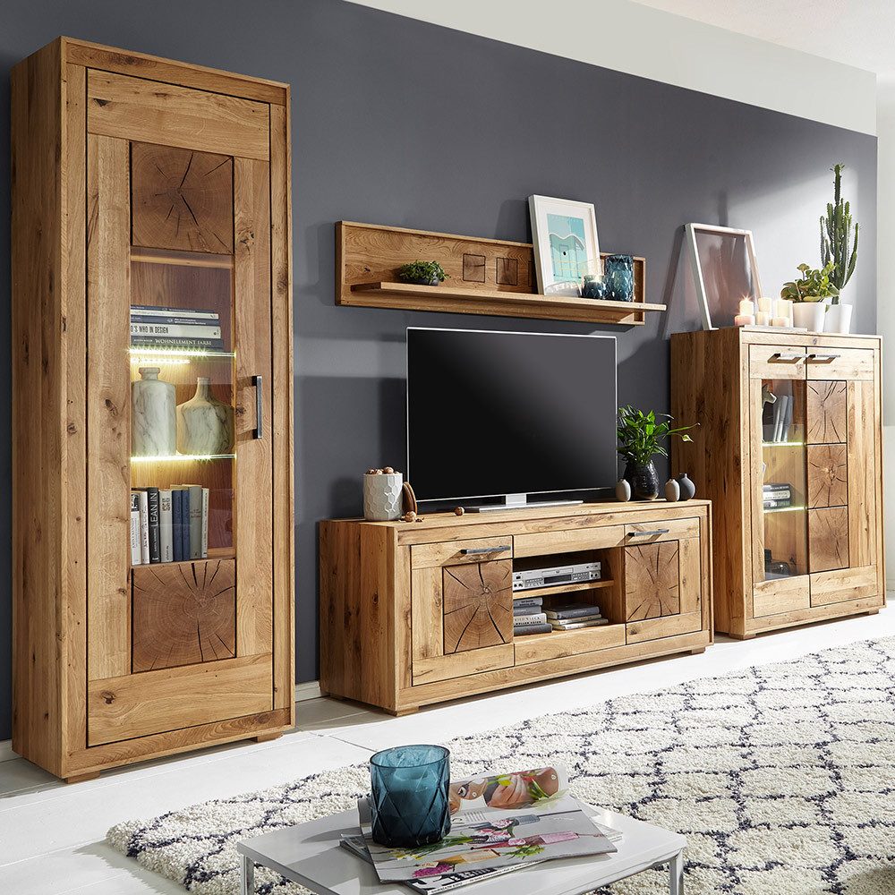 Lomadox Wohnwand WINNIPEG-69, (4-St., Highboard Wandboard Lowboard Vitrine), in Wildeiche massiv geölt mit Hirnholz-Element