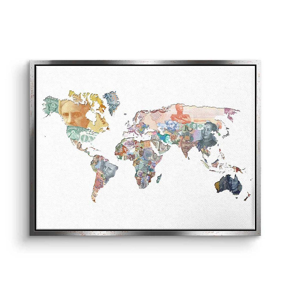 DOTCOMCANVAS® Leinwandbild, Premium Leinwandbild - Pop Art - Geld Regiert Die Welt White Edition silberner Rahmen