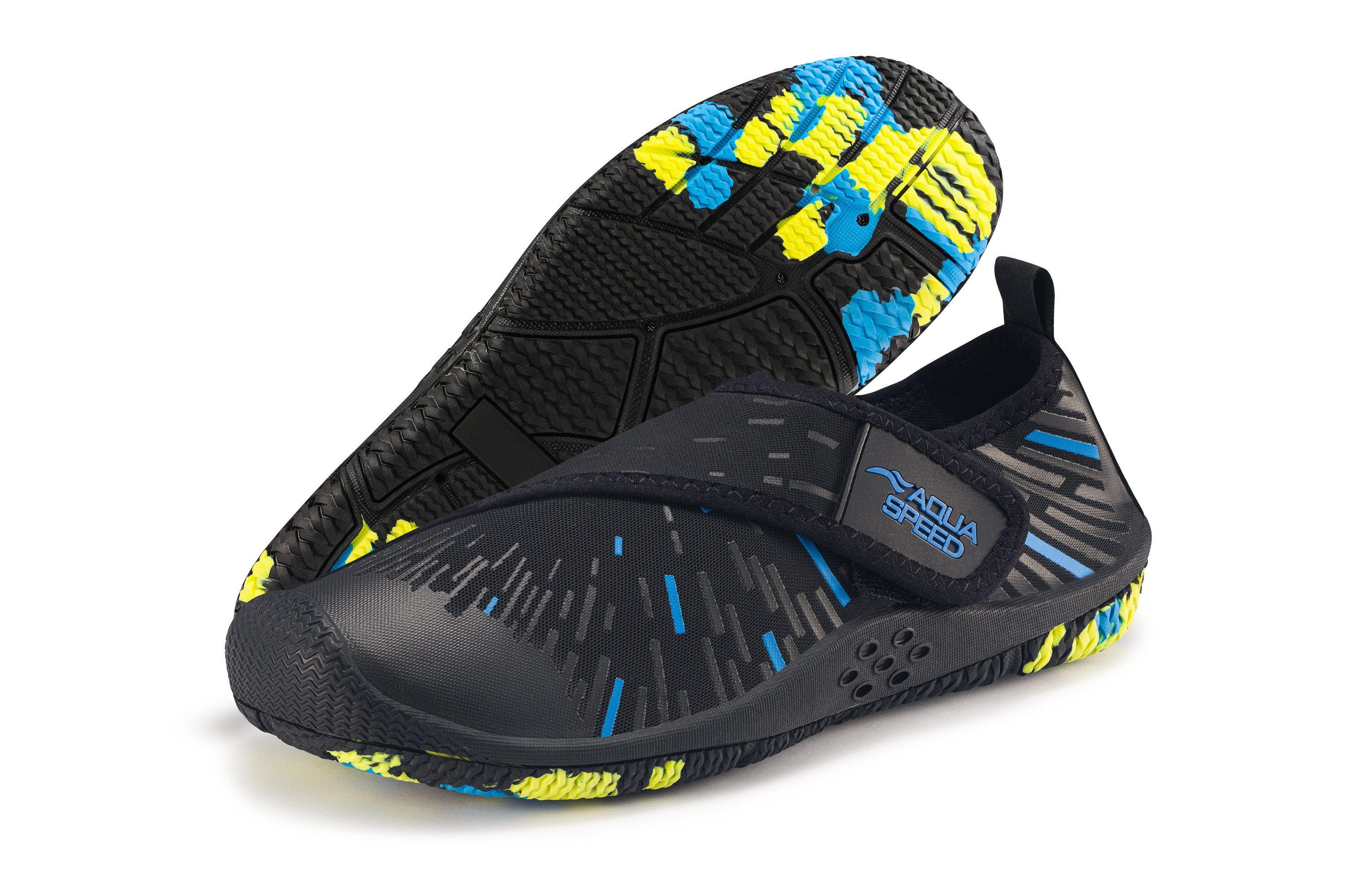 Aqua Speed Tegu Schwimmschuhe Gr. 35 – Schwarz/Blau mit Handtuchbeilage Wasserschuh (Rutschfeste Schuhe für See, Fluss & Freizeitbad) Trittsicher & flexibel – für Dusche, Steg & Strandpromenade