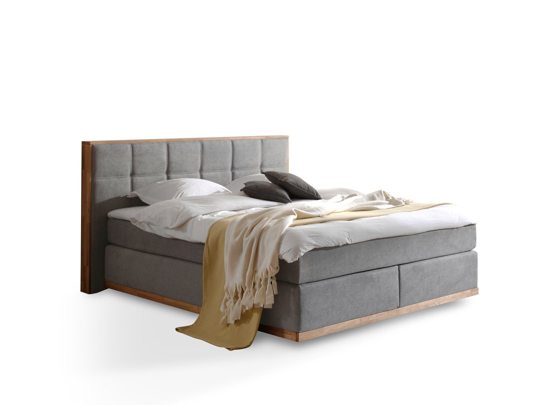Moebel-Eins Boxspringbett, LEVANTOS Boxspringbett, Mix aus massiver Eiche und Velourgewebe
