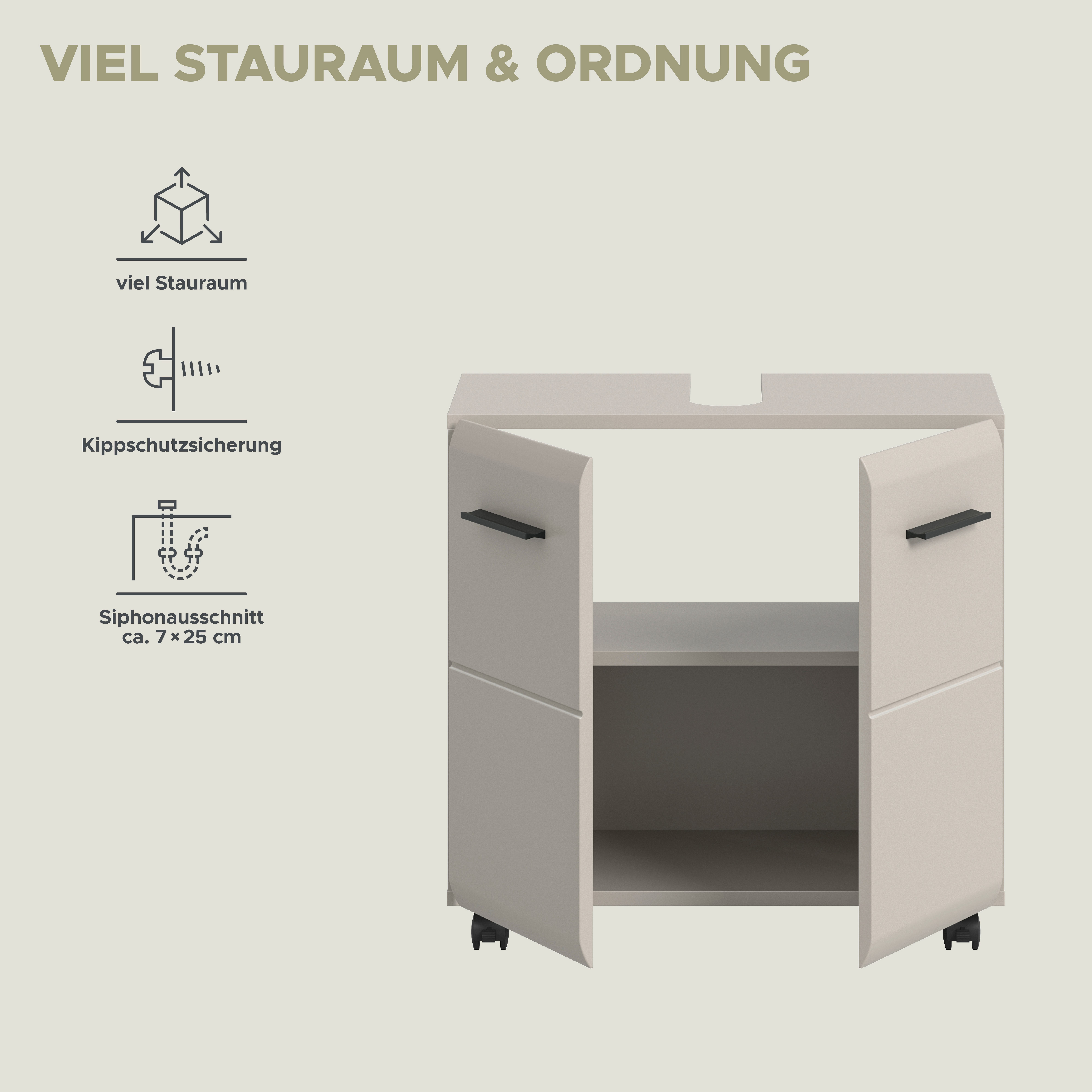 welltime Waschbeckenunterschrank FLORENZ, Breite 60cm, inkl. Siphonausschnitt, mit Türen oder Schüben (TOPSELLER) hochwertige MDF Front, Griff schwarz, Badschra – Bild 4 von 5