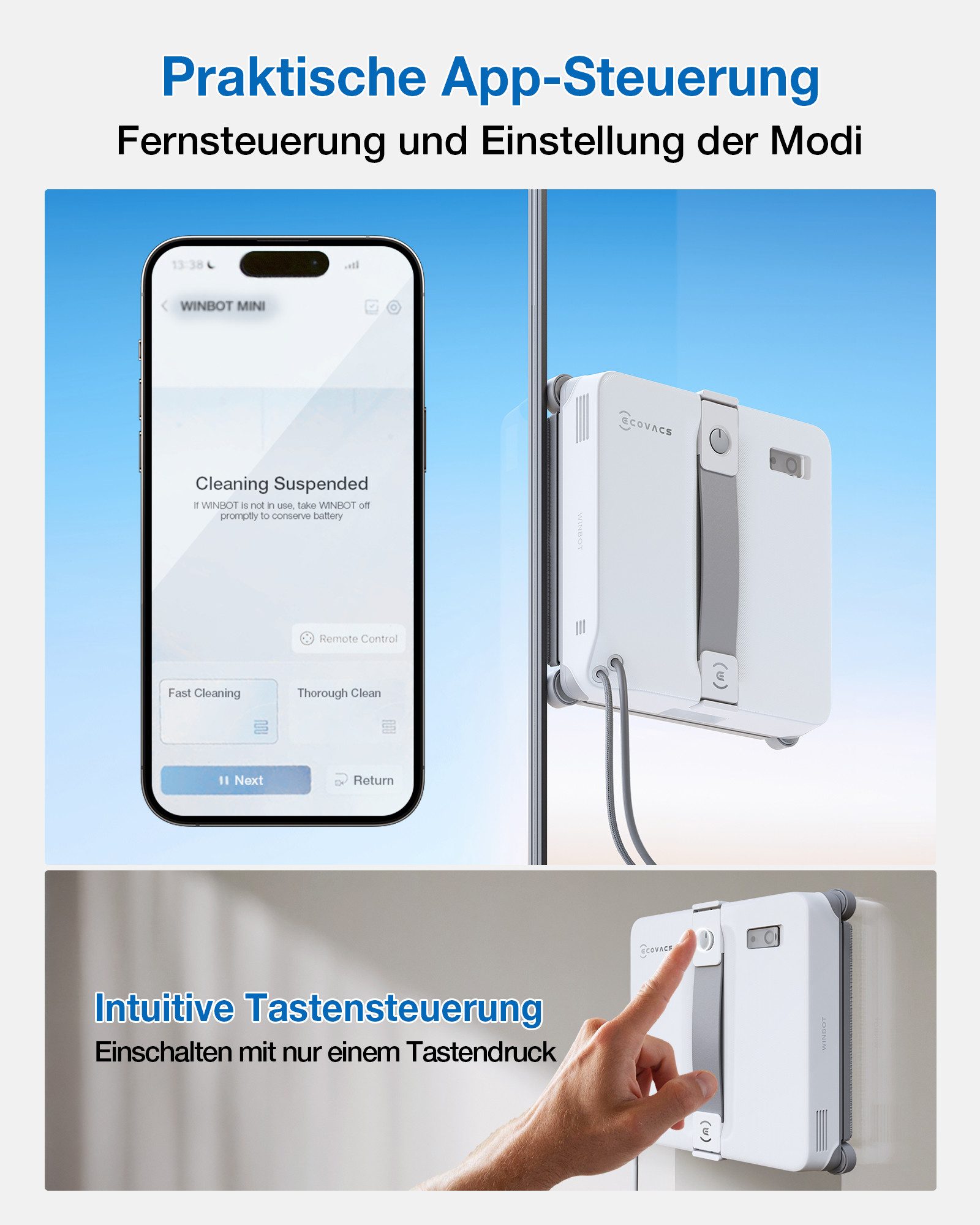 ECOVACS Fensterputzroboter WINBOT Mini 2, inkl. Reinungslösung 230ml, (Appsteuerung) 50ml Wassertank, Bürsten an allen Ecken, 3,5m Kabel