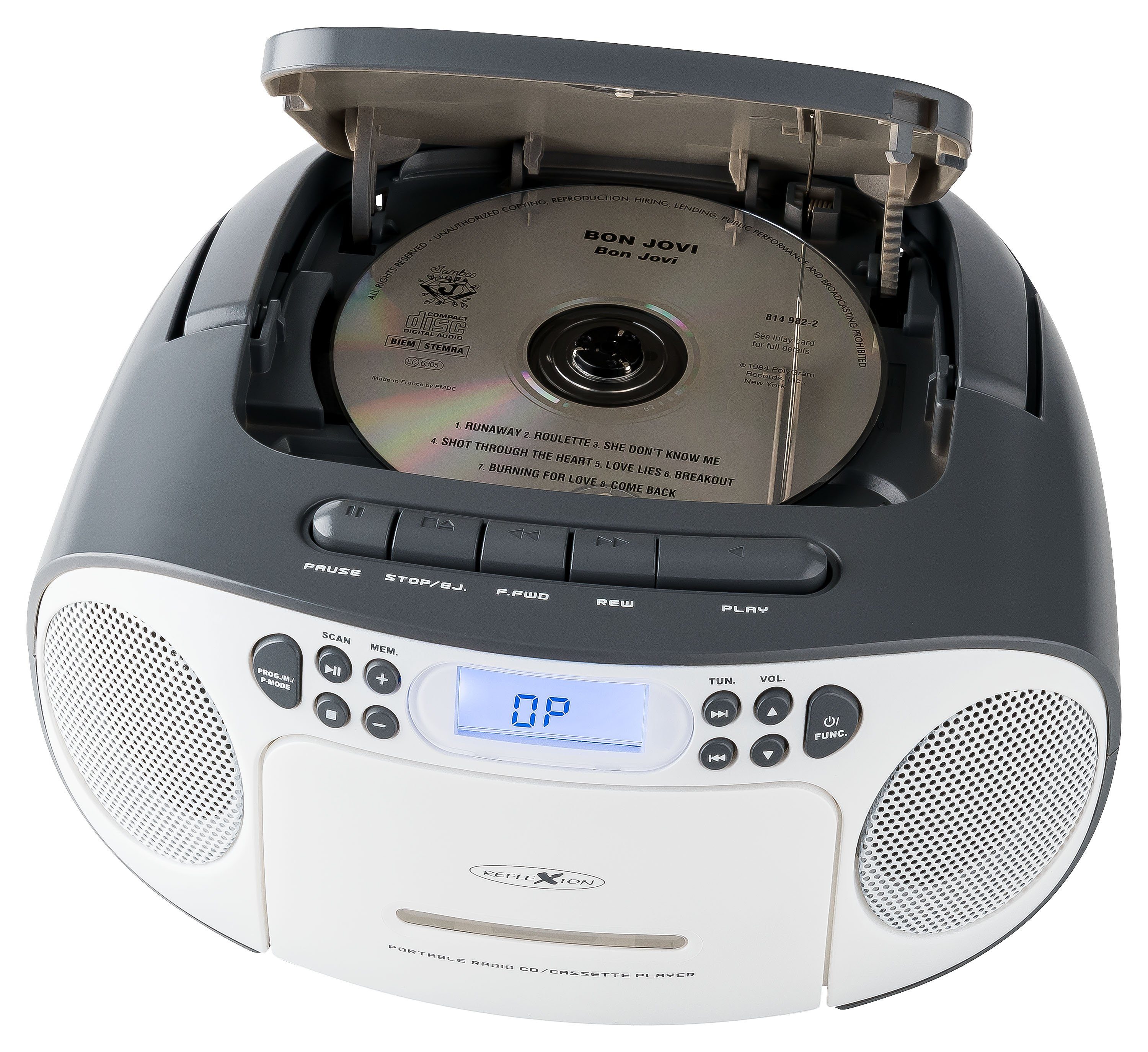 Reflexion RCR2260 Boombox (UKW PLL Stereo Radio, 20 W, Tragbare Boombox CD/Radio/Kassette, LCD-Display, AUX-Eingang, Kopfhörer-Anschluss) weiß/grau