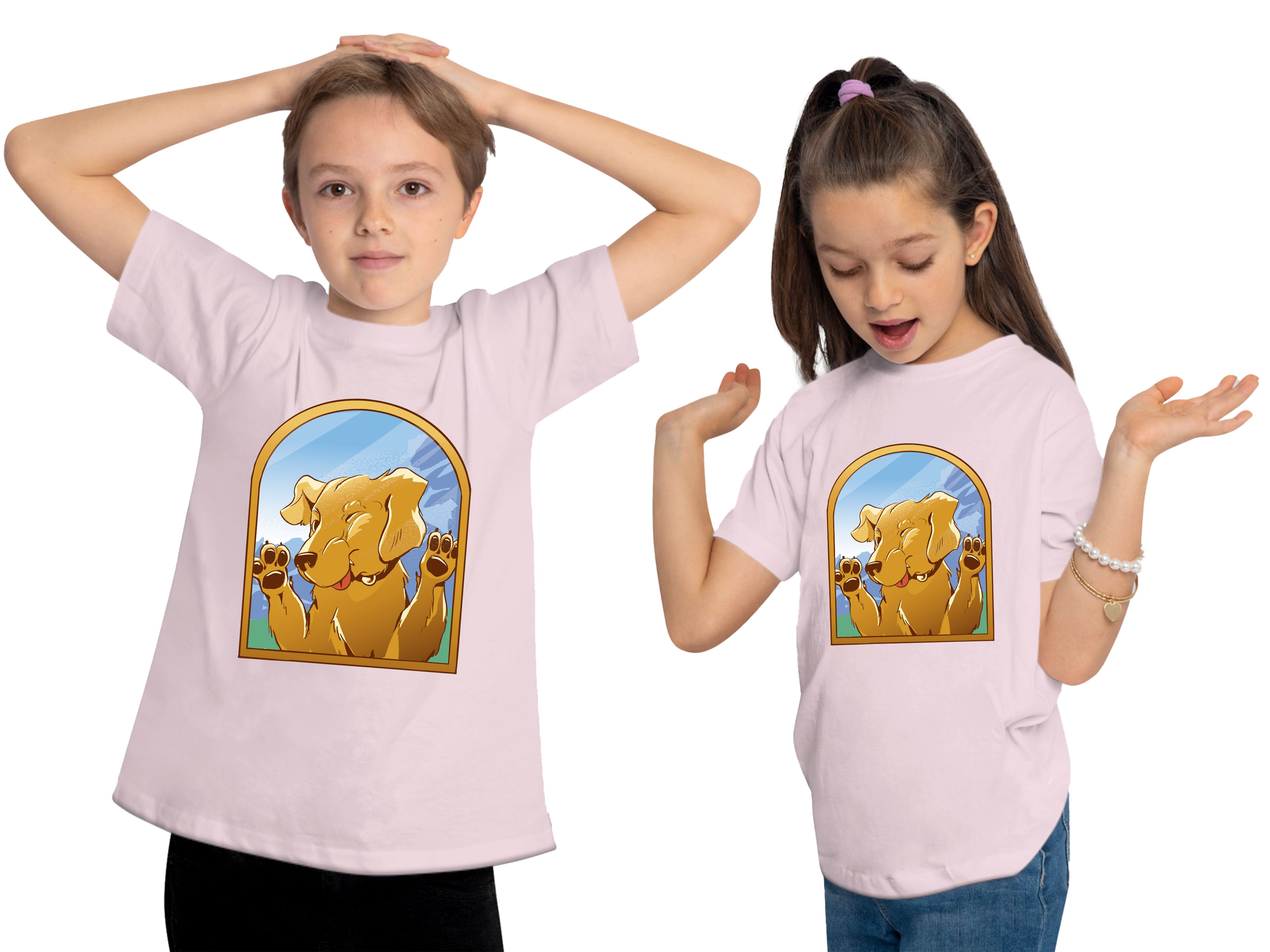 bedrucktes i222 Print-Shirt gegen Aufdruck, T-Shirt - Labrador rosa Baumwollshirt Kinder MyDesign24 mit Hunde Fenster