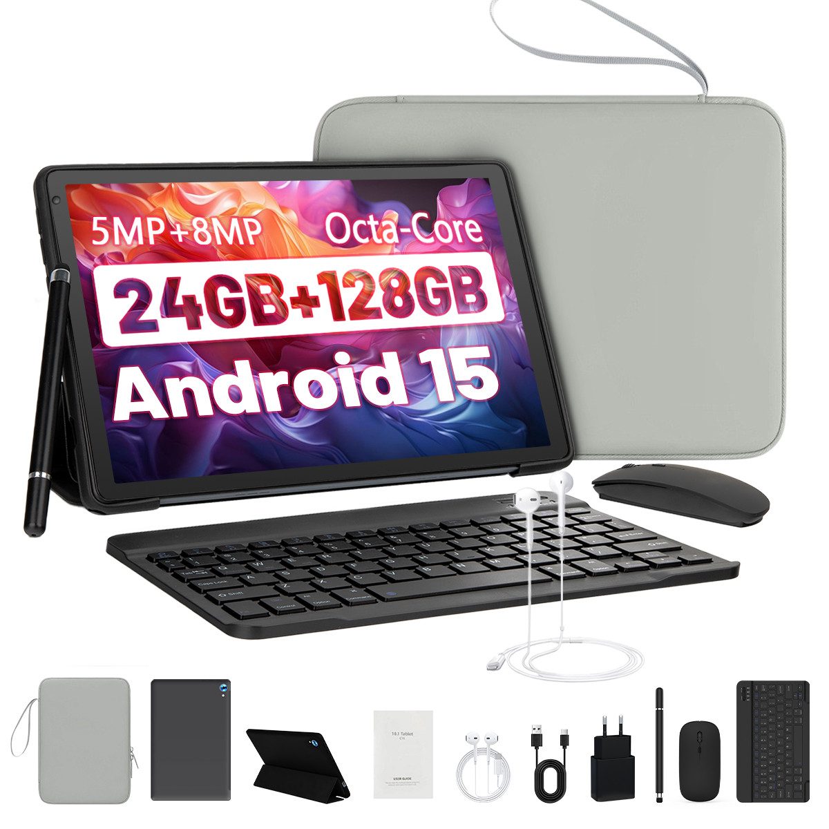 Happybe 10,1 Zoll Android 15, 4GB RAM 128GB mit Tastatur Maus Stylus Hülle Set Tablet (10", 128 GB, Android, WiFi 6, 1280×800 HD, mit Tastatur/Stift/Maus/Tasche/Hülle/Kopfhörer)